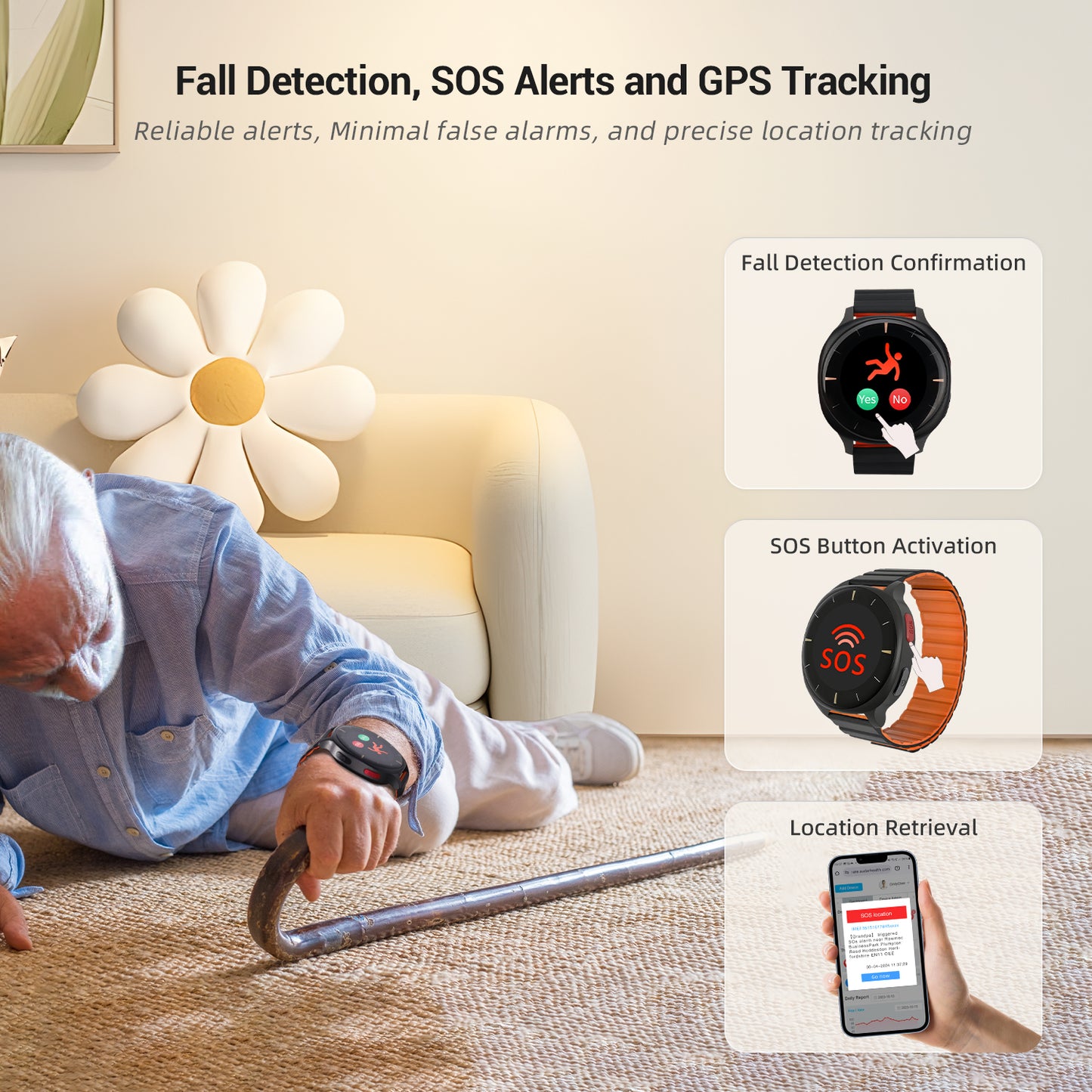 Vital Sign Monitor Watch IoT 24Hour Personal Alarm, Fall Detection, Heart Rate, Blood Pressure, SpO2 & GPS SOS Alerts