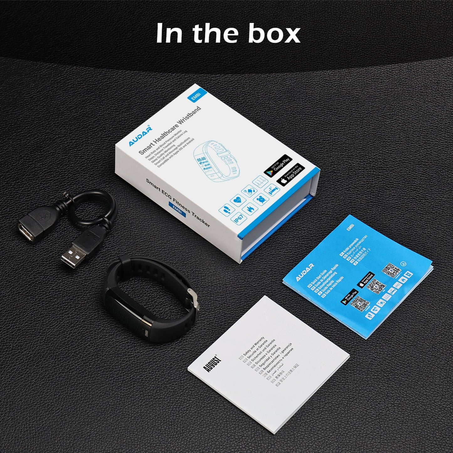 The EMBi box shows the EMBi Health Watch, the Charging USB adapter, a Quick start guide and a User manual