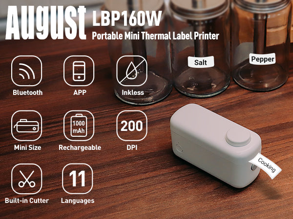 Portable Thermal Label Printer Ink-Less with Bluetooth, Tape, Cutter, Rechargeable Battery – August LBP160W