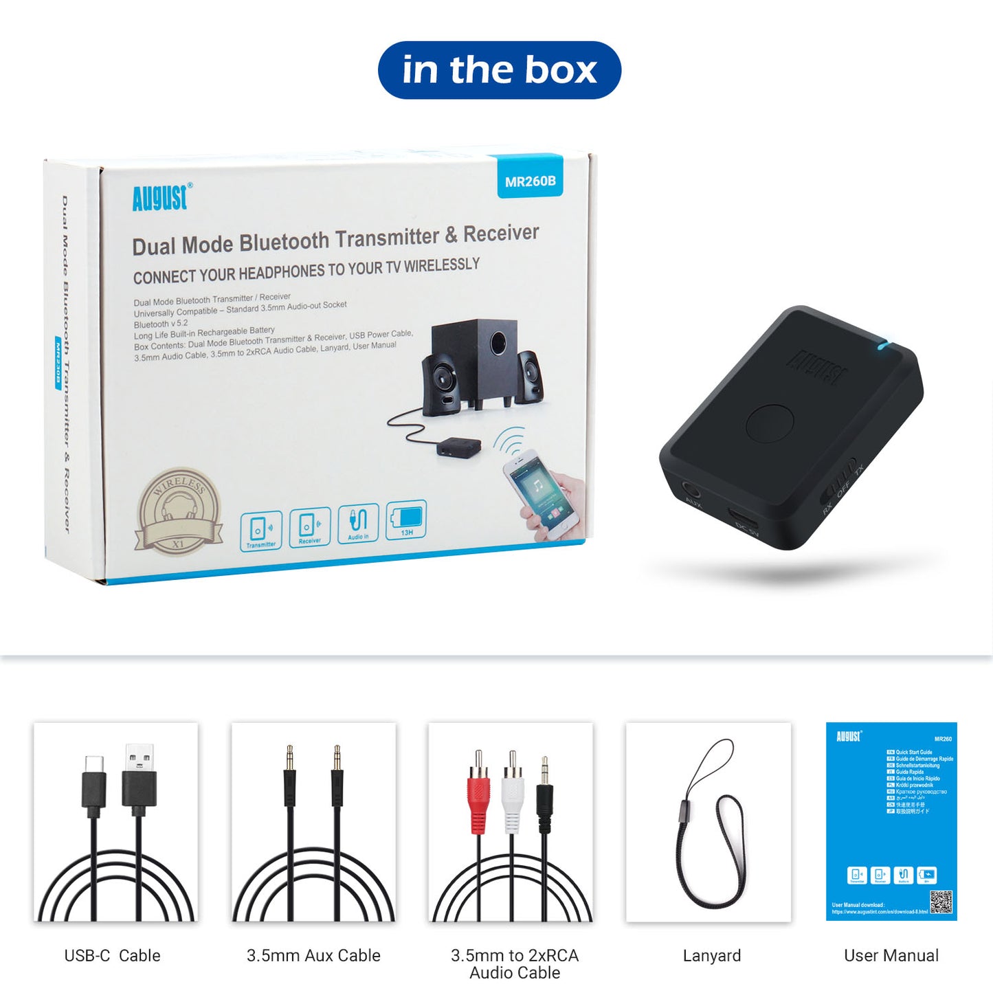 Bluetooth Audio Receiver and Transmitter AUX - August MR260B