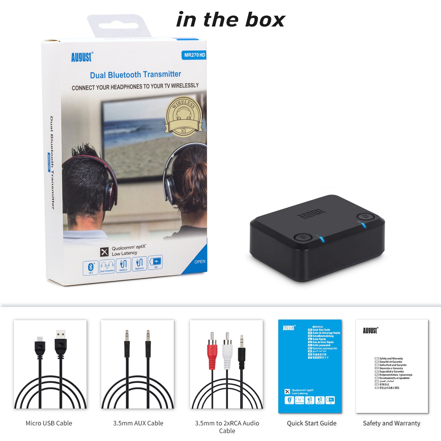 Dual Bluetooth Audio Transmitter Adaptor aptX-LL HD AUX RCA Optical - August MR270B-HD