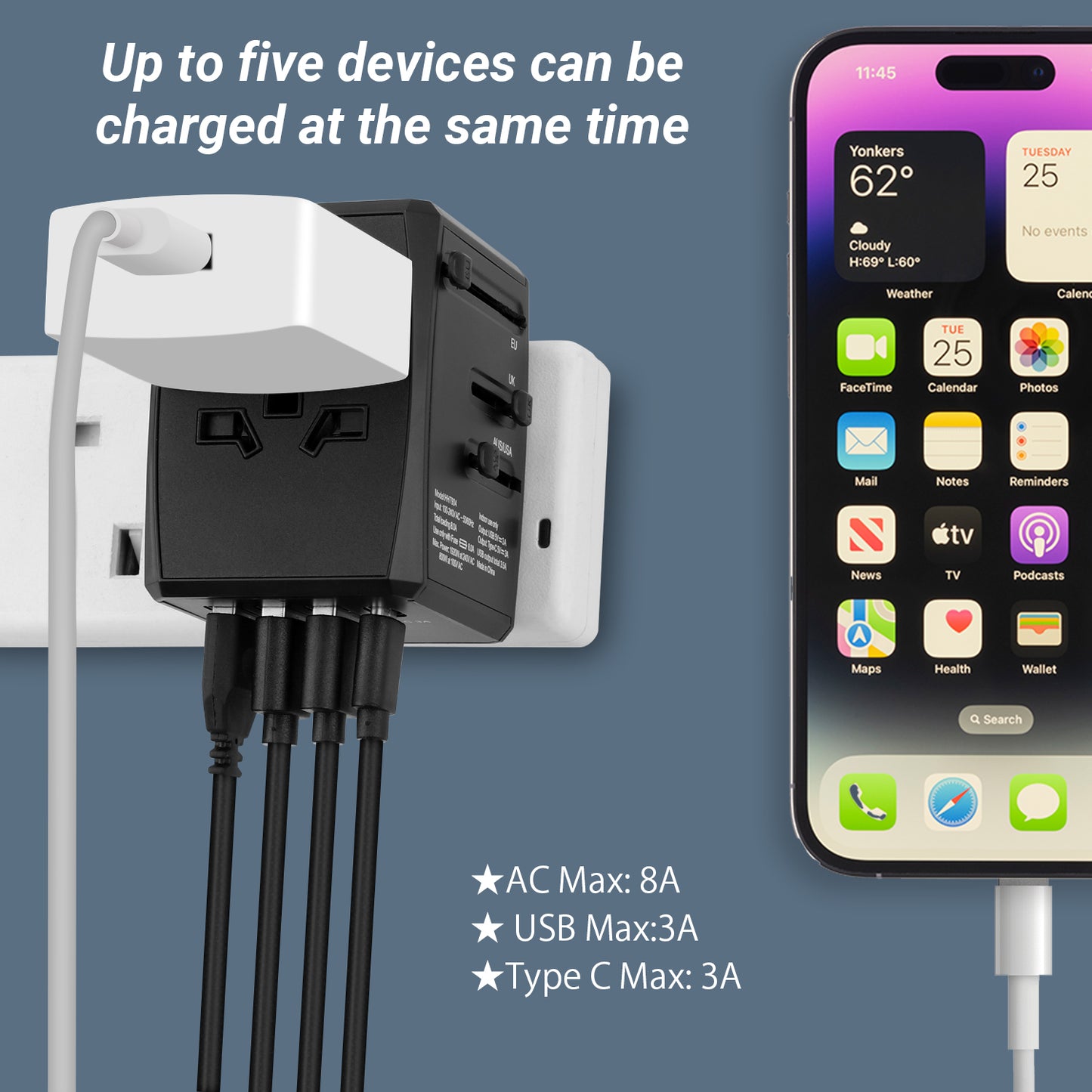 World Travel Adaptor with USB Ports - UK EU AU US Universal Plug - WAP150