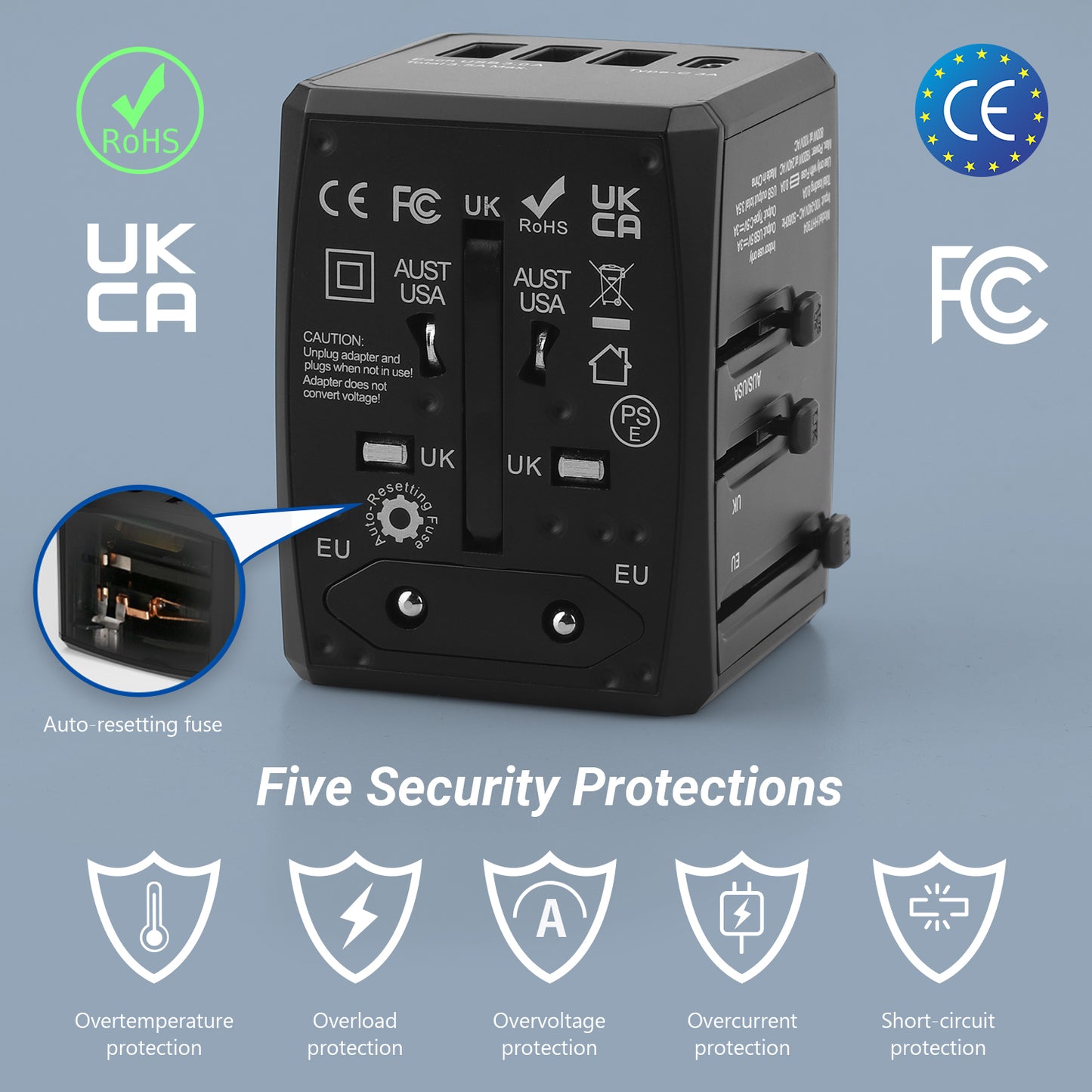 World Travel Adaptor with USB Ports - UK EU AU US Universal Plug - WAP150