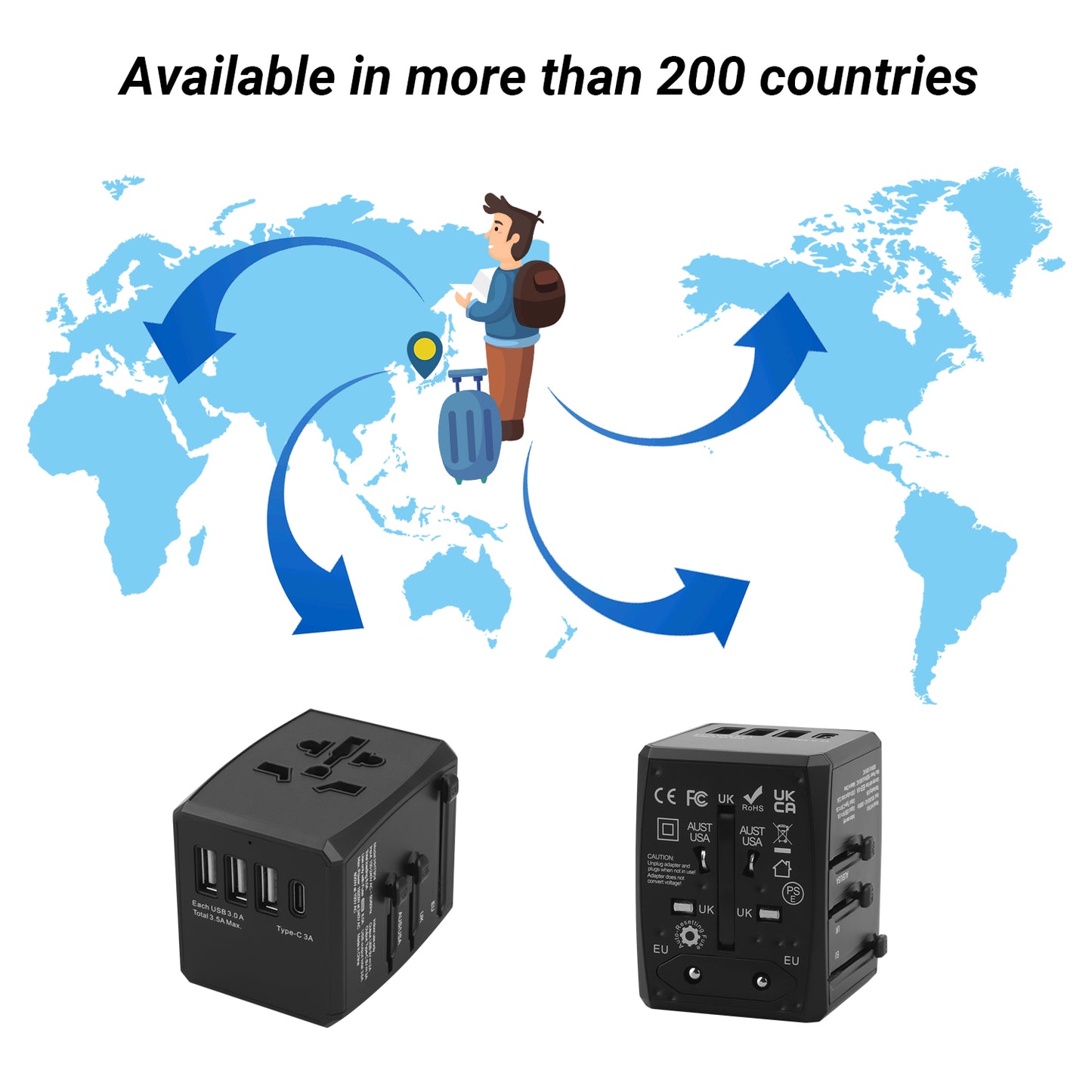 World Travel Adaptor with USB Ports - UK EU AU US Universal Plug - WAP150