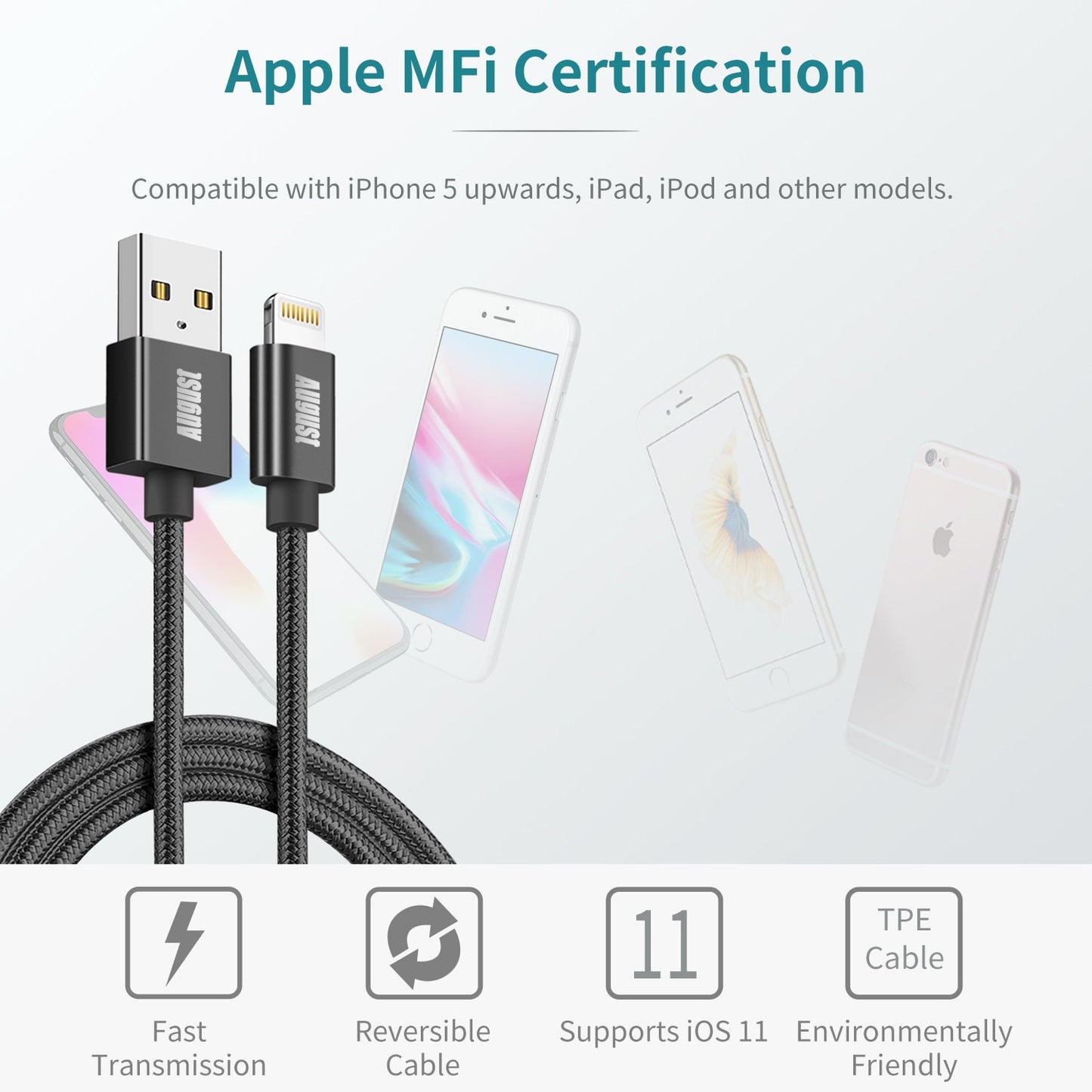 Lightning Cable TC11 - MFi Certified for iPhone X/8/8+/7/7+/6/6+/5S August Charging Cables iDaffodil - Consumer Electronics at Affordable Prices