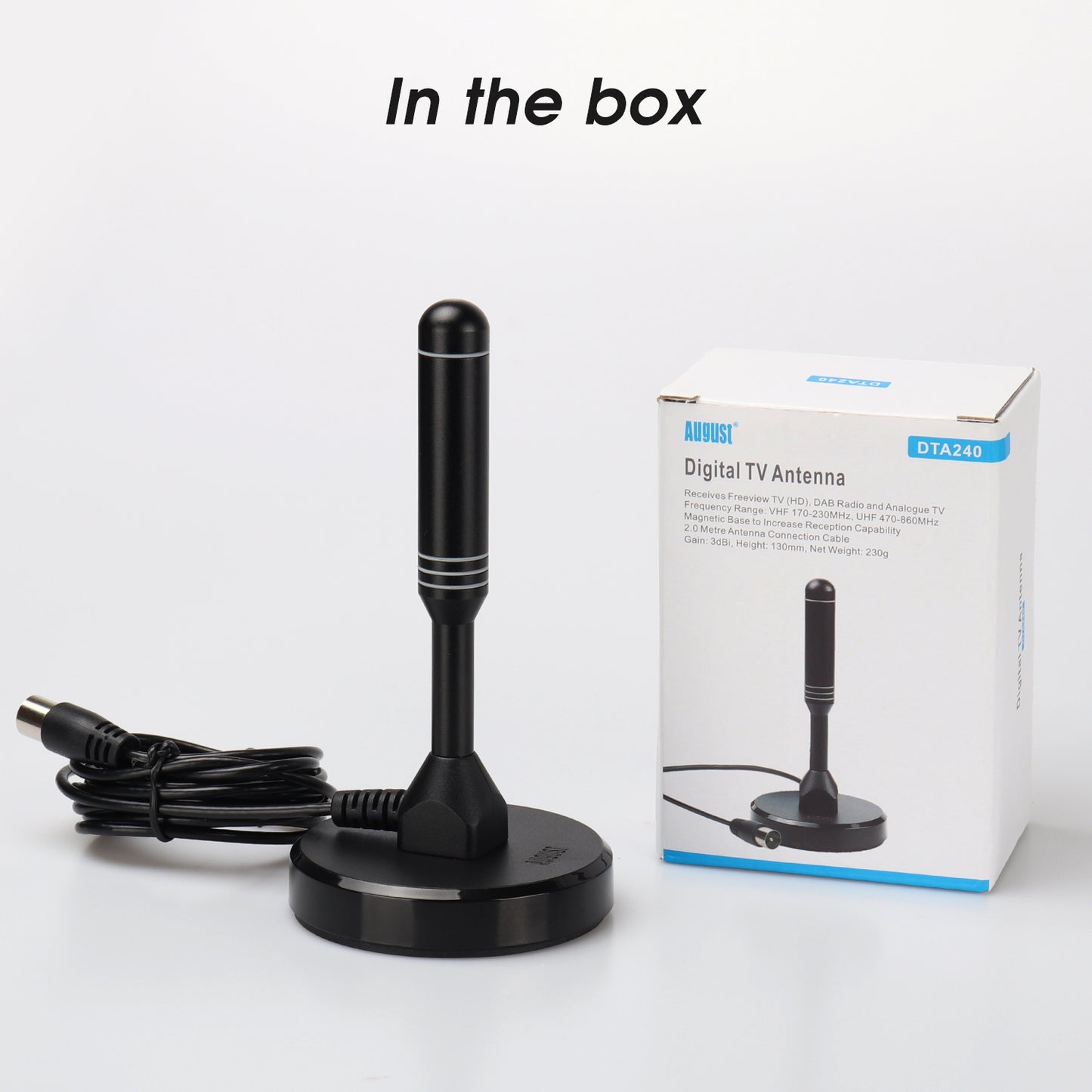 High Gain Portable Freeview TV Aerial DAB FM Antenna with Magnetic Base for Camping, Caravan, Homes - August DTA240