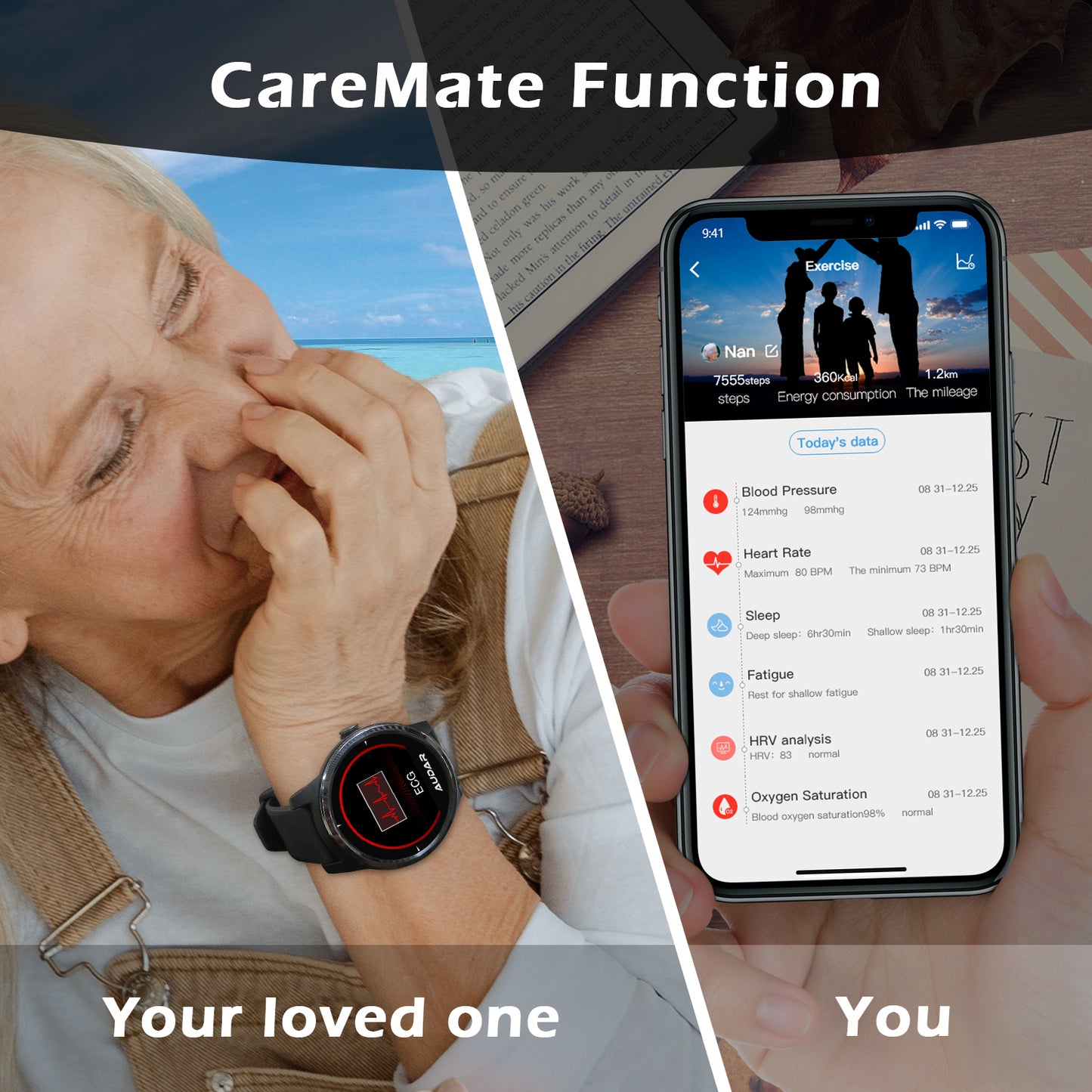 A woman is wearing an E1 which displays a Red Warning screen. Across the image is another scene of a hand holding a phone. The phone displays the vital signs and health information of the woman, saved as "Nan" in the app, from across the world.