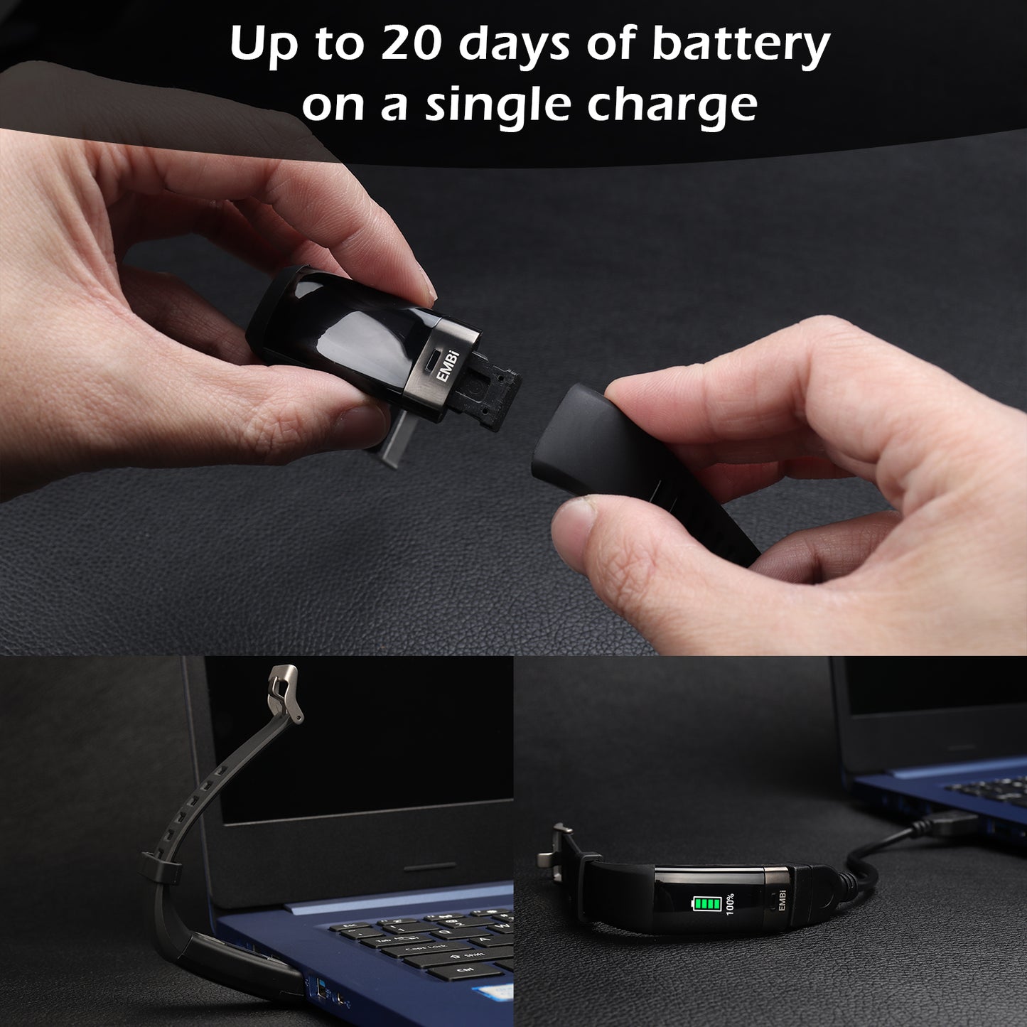 The EMBi is shown with the strap unclasped and the USB charging port inside the strap itself. The cable connects to a USB port in a laptop. Battery life is displayed as 20 days.