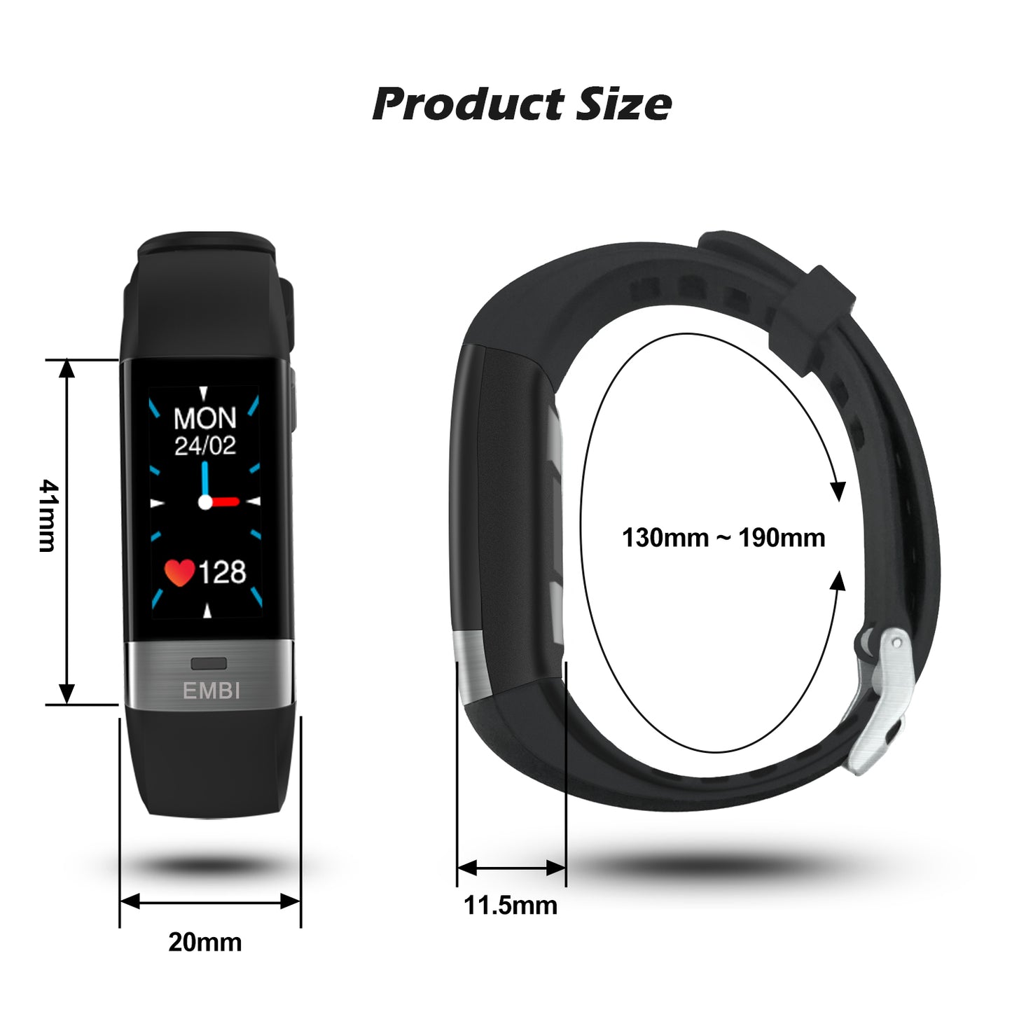 The EMBi is shown from different angles with measurements. The maximum circumference is 190 Millimetres. The minimum circumference is 130 Millimetres. The Strap width is 20 Millimetres. The screen is 41 Millimetres long.