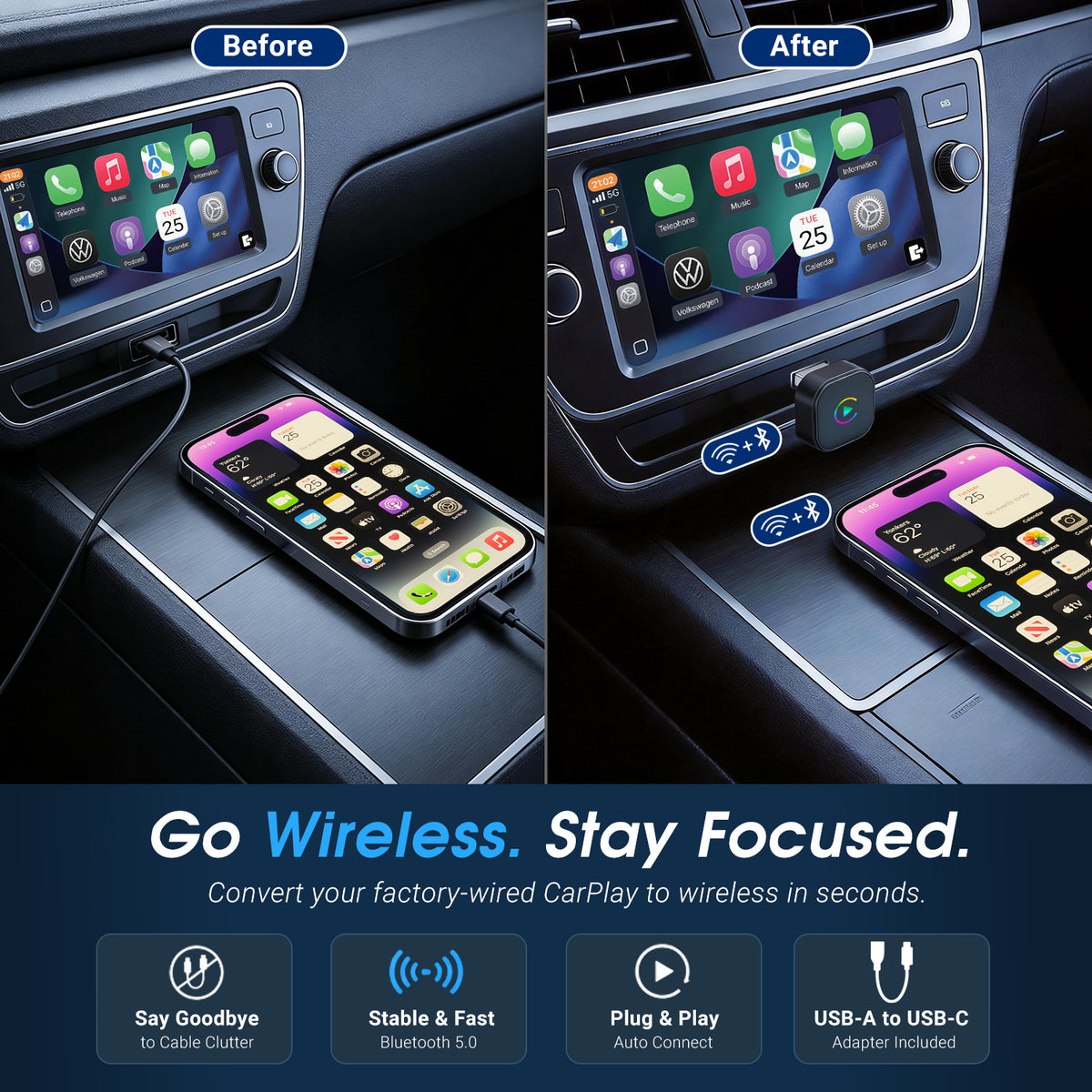August CR245 2-in-1 Wireless CarPlay & Android Auto Adapter, 2 Phone Switch