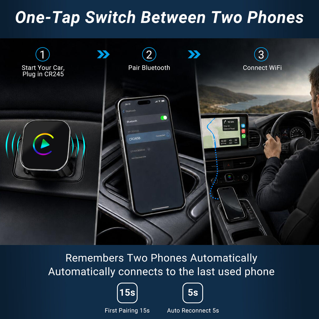 August CR245 2-in-1 Wireless CarPlay & Android Auto Adapter, 2 Phone Switch