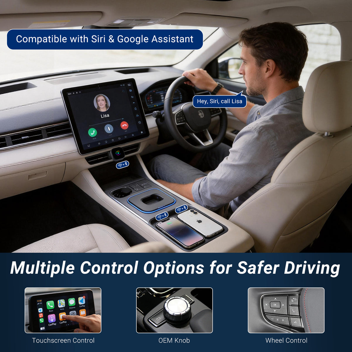 August CR245 2-in-1 Wireless CarPlay & Android Auto Adapter, 2 Phone Switch