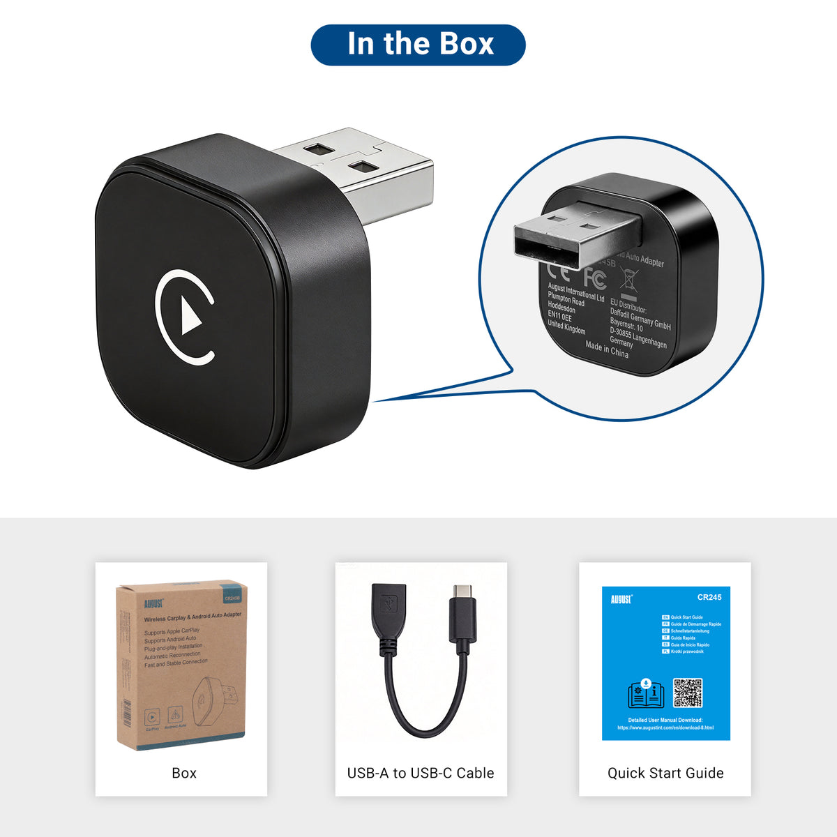 August CR245 2-in-1 Wireless CarPlay & Android Auto Adapter, 2 Phone Switch