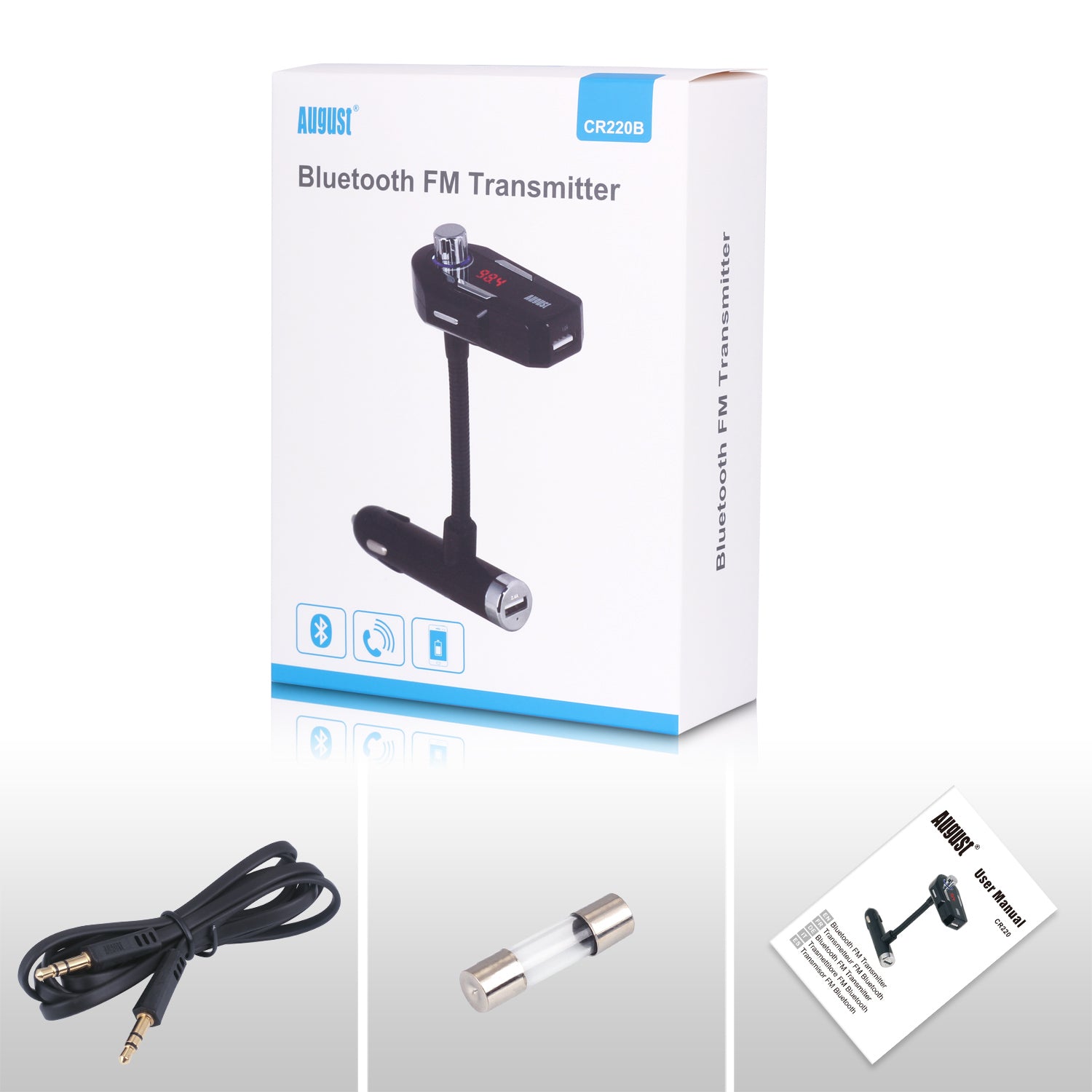 Car FM Transmitter Bluetooth with USB-A Charging Port - August CR220B
