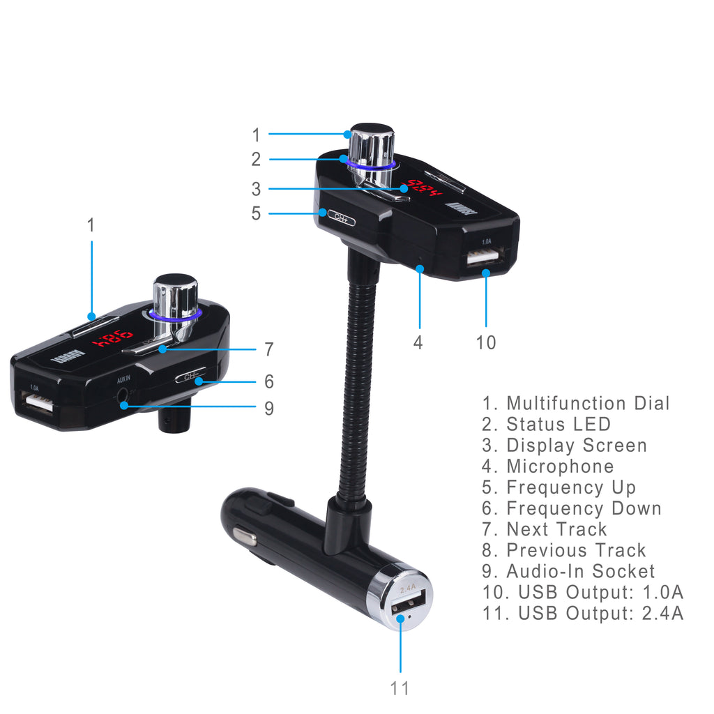 Car FM Transmitter Bluetooth with USB-A Charging Port - August CR220B