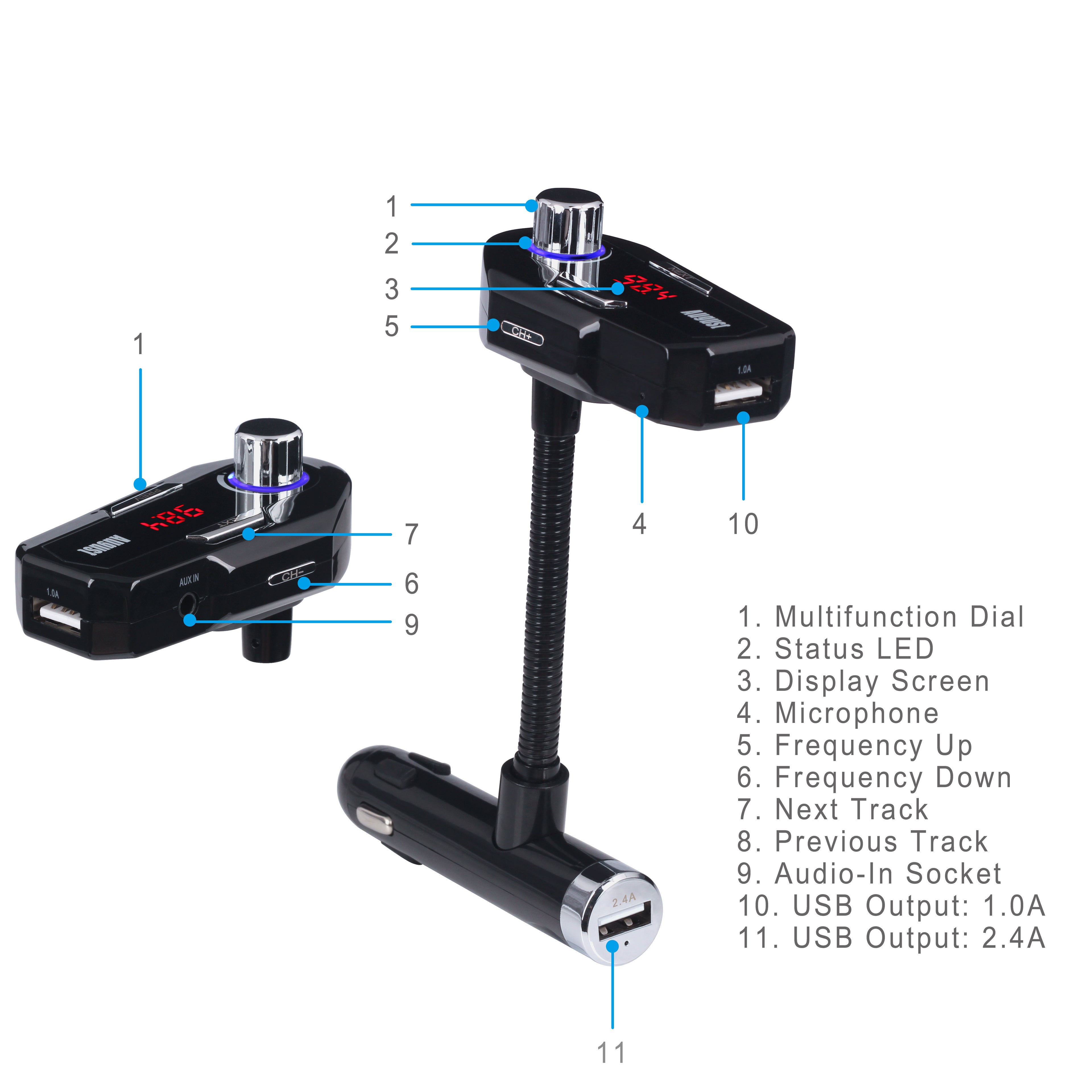 Car FM Transmitter Bluetooth with USB-A Charging Port - August CR220B
