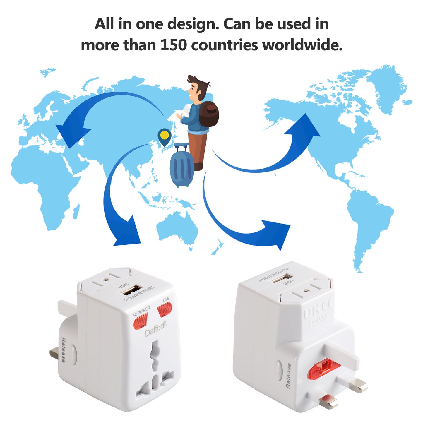 World Travel Power Adaptor USB Adaptor Port UK EU AU US Universal Plug - WAP150