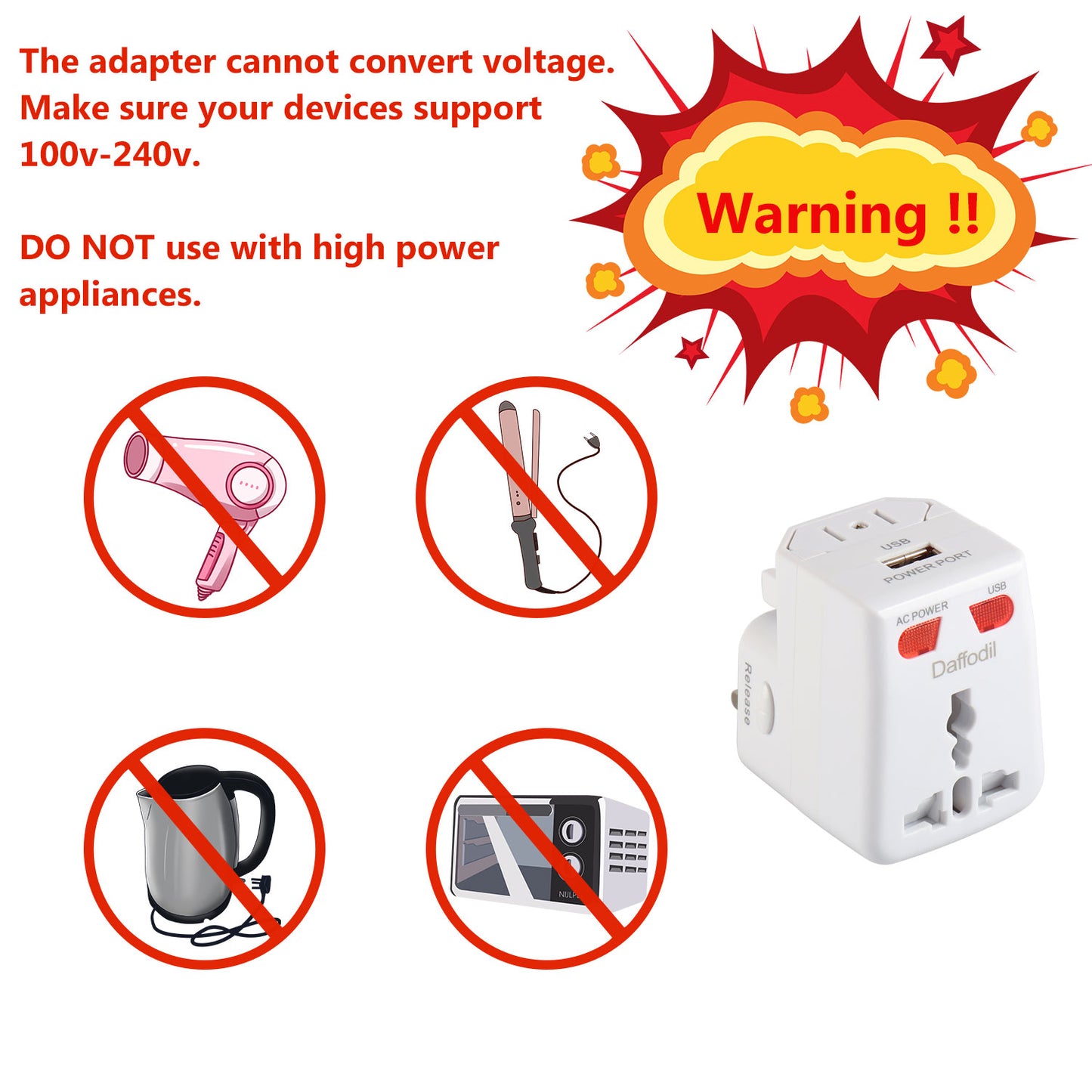 World Travel Power Adaptor USB Adaptor Port UK EU AU US Universal Plug - WAP150