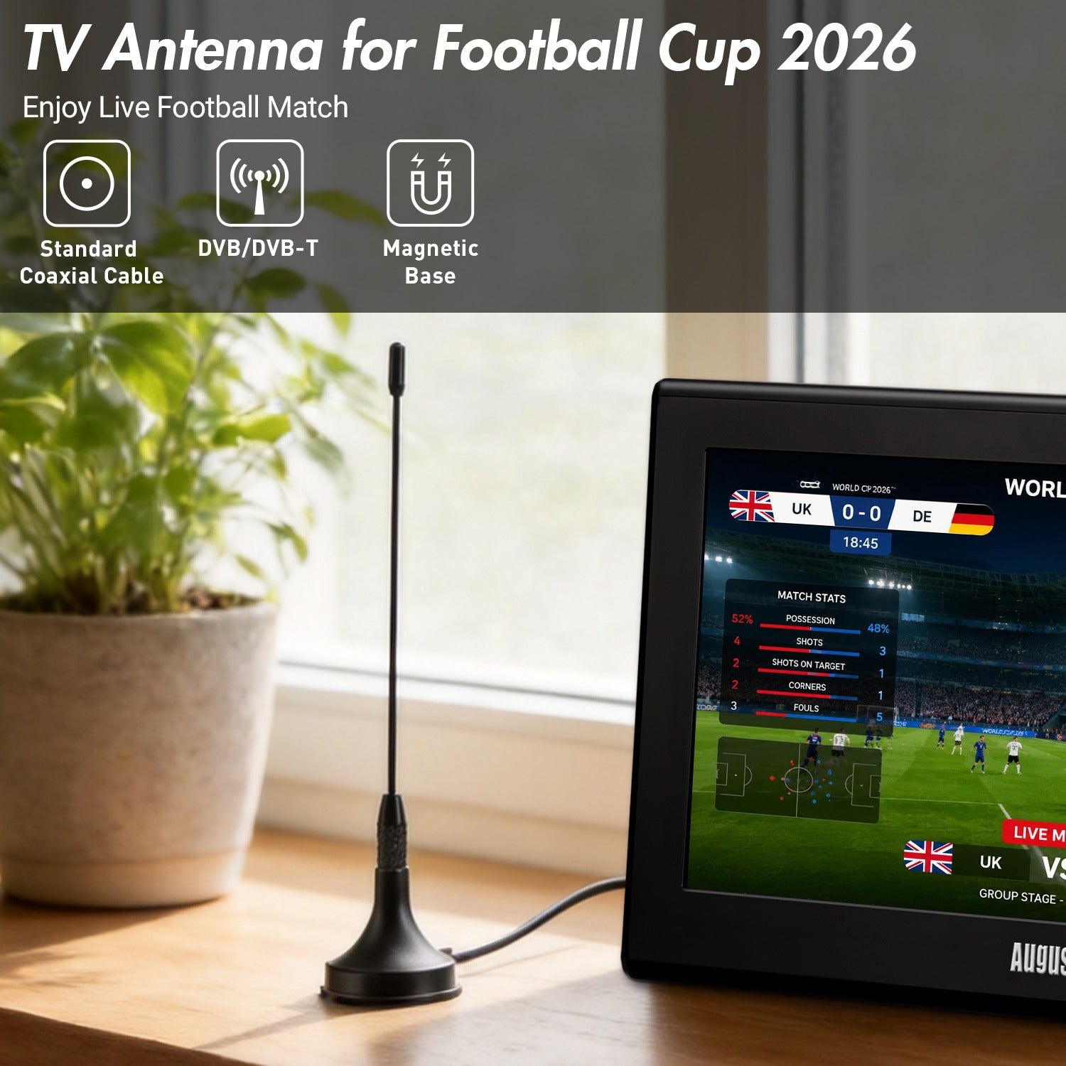 Portable Freeview Digital HD Aerial with Magnetic Base for Cars and Trucks - August DTA180