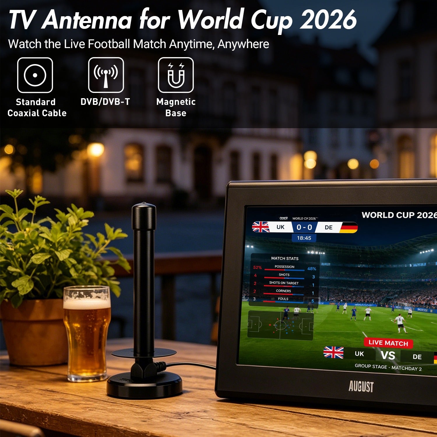 High Gain HD Freeview TV Aerial HD DAB FM Magnetic Base Antenna Indoor Outdoor - August DTA250