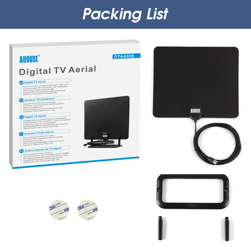 Refurbished - Indoor TV Freeview Aerial Digital 4K HD High Gain Flat Design with Stand - August DTA450