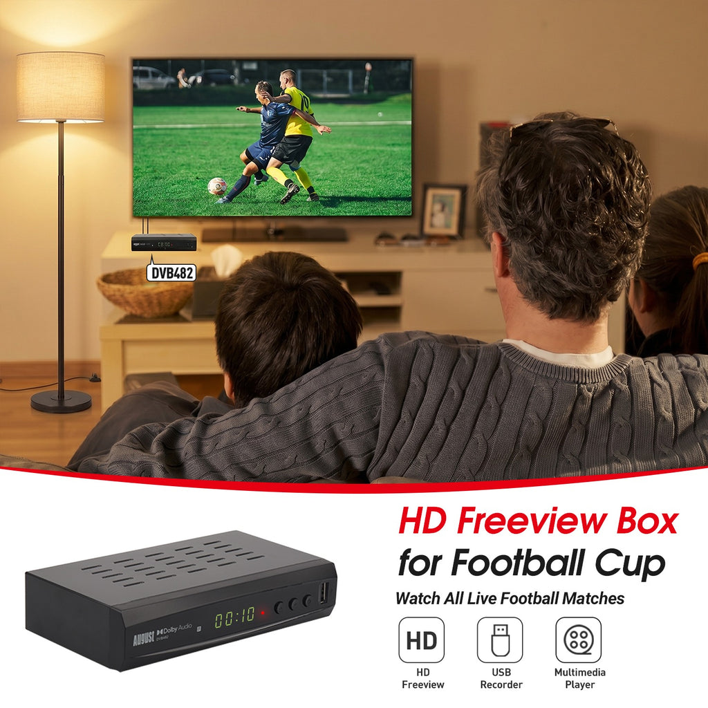 August DVB482 Freeview HD Twin Tuner TV Recorder Box with USB Recording, Pause & Rewind Live TV, HDMI & SCART
