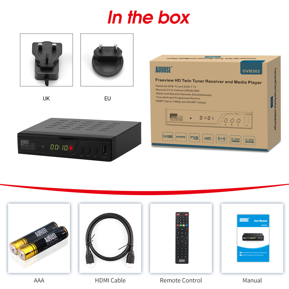 Freeview Recorder Box with 256gb SSD Storage August DVB502