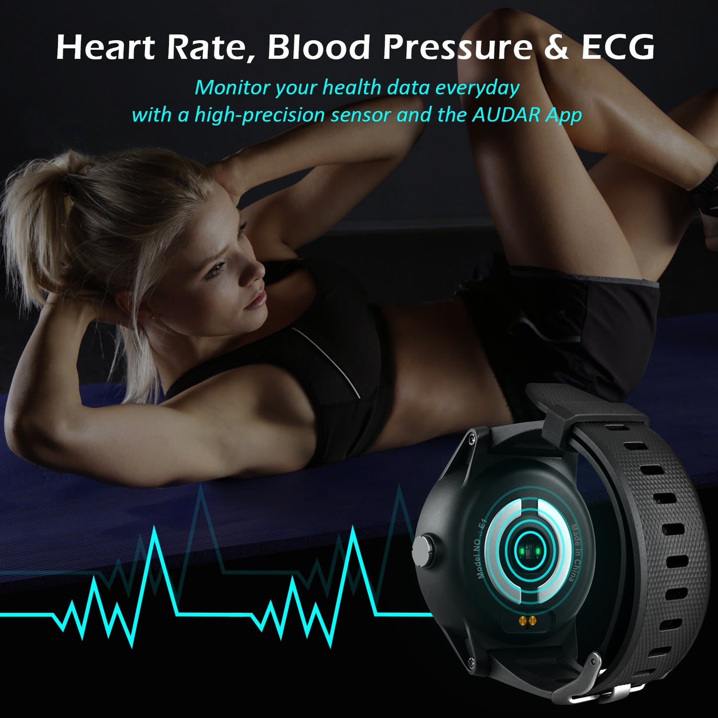 A woman stretches with the ECG in a sit-up position. The metal contacts on the back of the E1 health watch face are shown with an Electrocardiograph line. The sensor is measuring her Heart rate, Blood Pressure and ECG