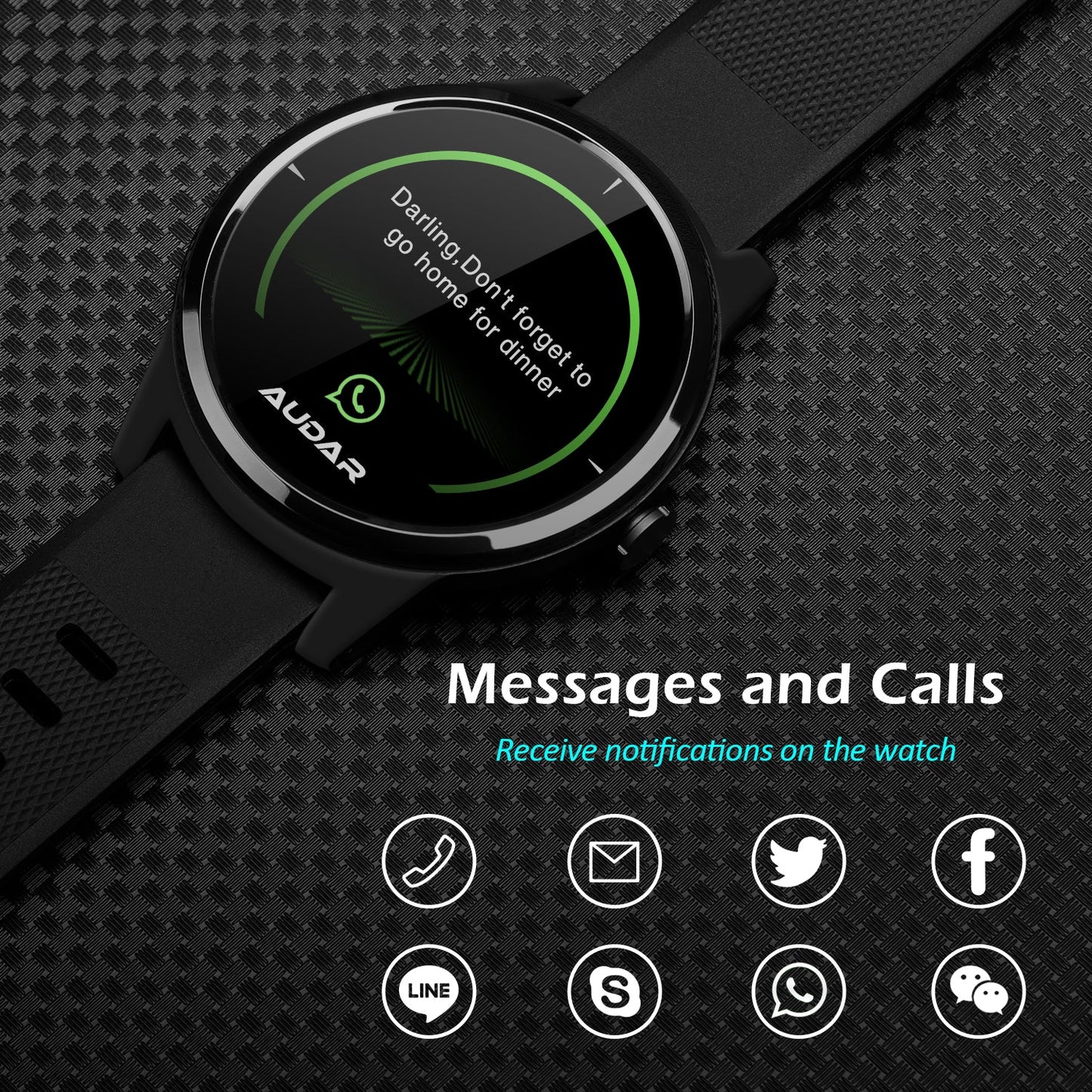 The E1 is shown with the strap unclasped, laying flat. The watch face displays a message notification. The symbols for Facebook, WhatsApp, Skype, SMS, Twitter and Email are shown.