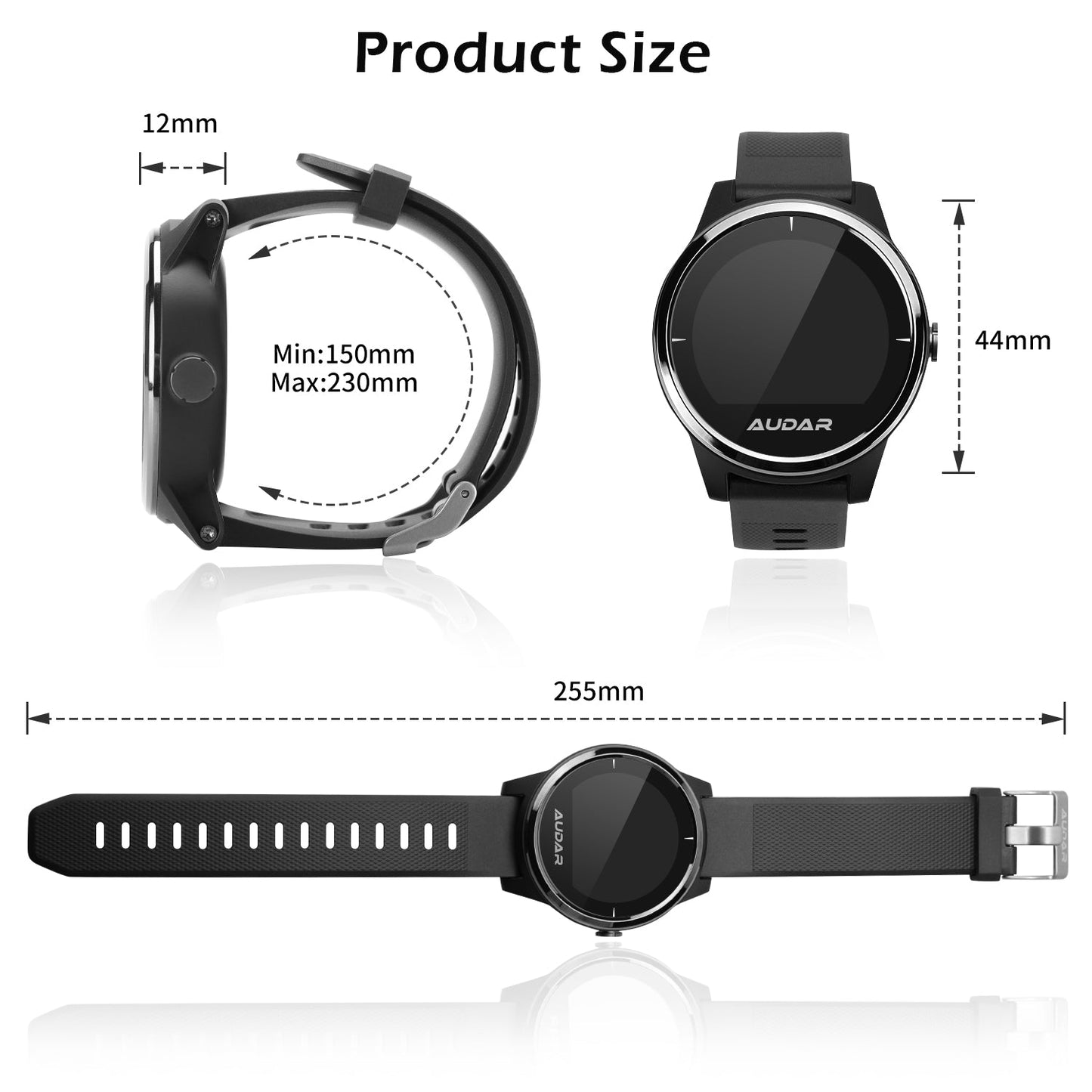 The E1 is shown from 3 angles to display the measurements of the watch. The maximum circumference is 230 Millimetres. The Minimum Circumference is 150 Millimetres. The length unclasped is 255 Millimetres. The Watch face is 44 Millimetres diameter.