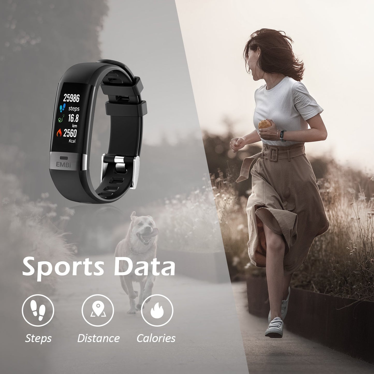 A woman runs with a dog through a reserve or park. The EMBi is displaying steps, KM distance, and KCAL Calories Burnt
