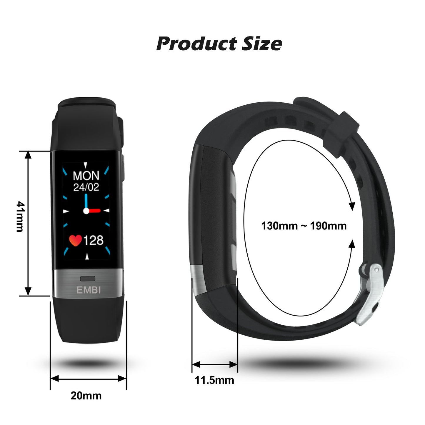 The EMBi is shown from different angles with measurements. The maximum circumference is 190 Millimetres. The minimum circumference is 130 Millimetres. The Strap width is 20 Millimetres. The screen is 41 Millimetres long.