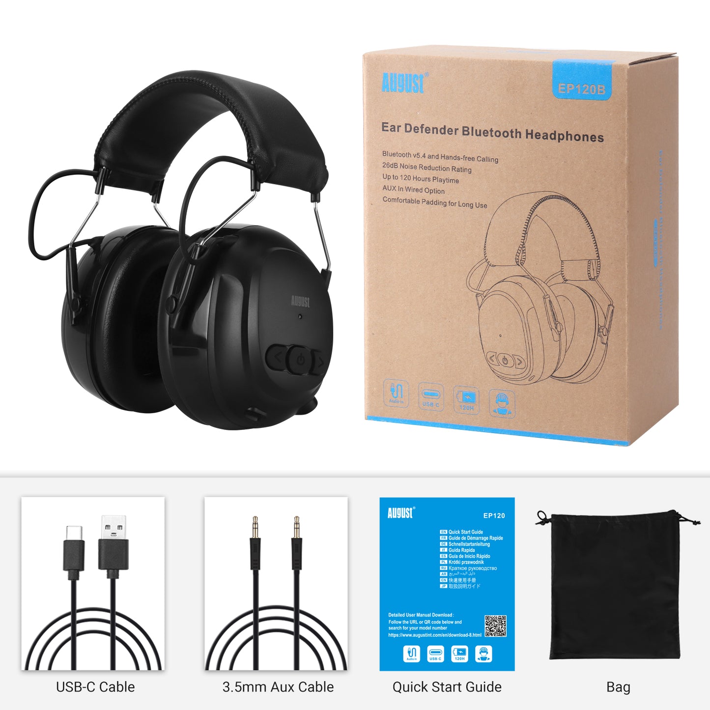 Rechargeable Bluetooth Noise Cancelling Ear Defender ANC Headphones - August EP120