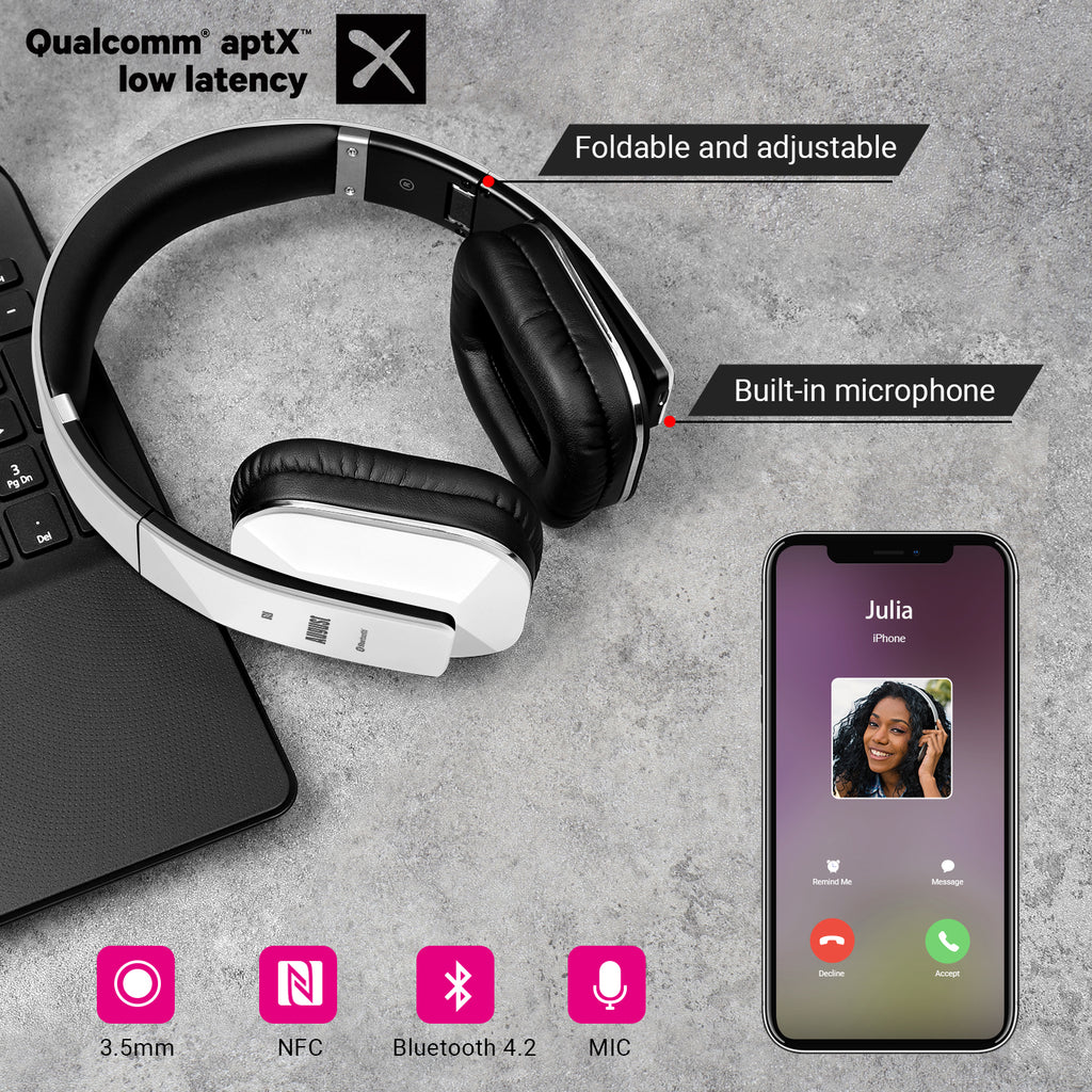 Bluetooth Over Ear Headphones Built-in MIC Hands-Free Calls with Integrated App NFC Low Latency Audio with AptX Technology for PC and Mobile - August EP650 In White Packaging Box