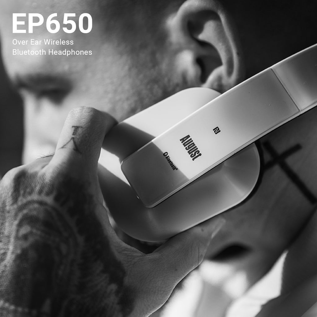 Bluetooth Over Ear Headphones Built-in MIC Hands-Free Calls with Integrated App NFC Low Latency Audio with AptX Technology for PC and Mobile - August EP650 In White Packaging Box