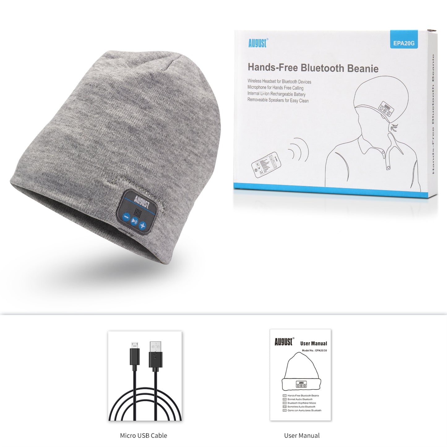 Bluetooth Beanie Hat Rechargeable Battery Headphones with Microphone - August EPA20G