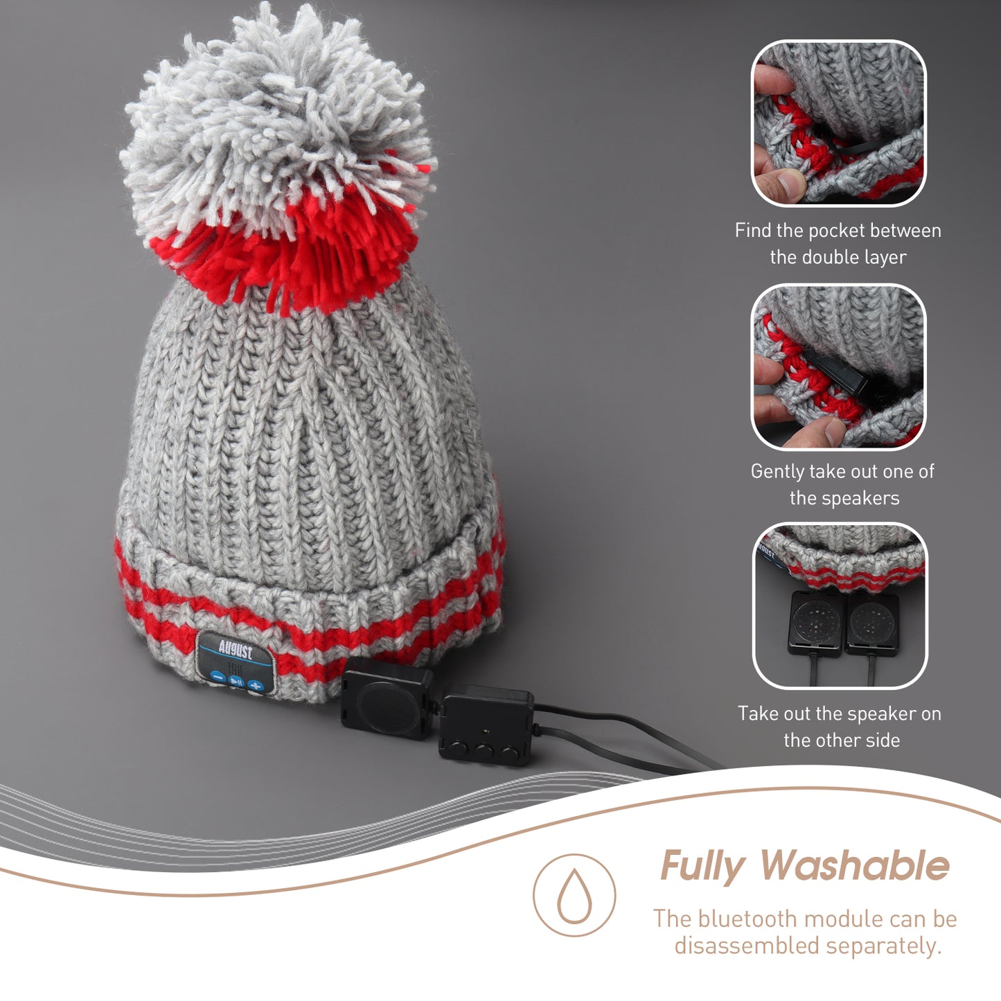 Bluetooth Beanie Pom Hat Headphones for Winter with Microphone - August EPA30