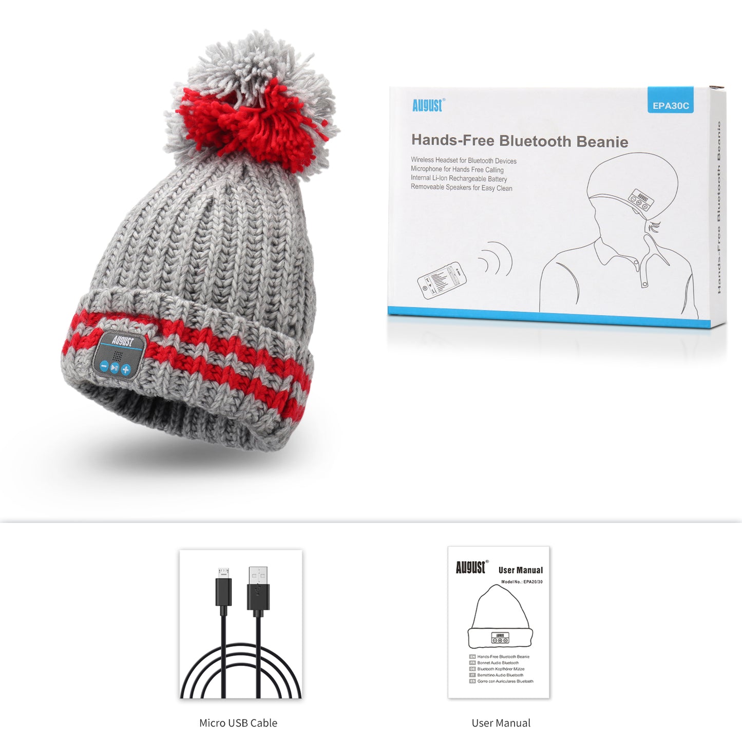 Bluetooth Beanie Pom Hat Headphones for Winter with Microphone - August EPA30