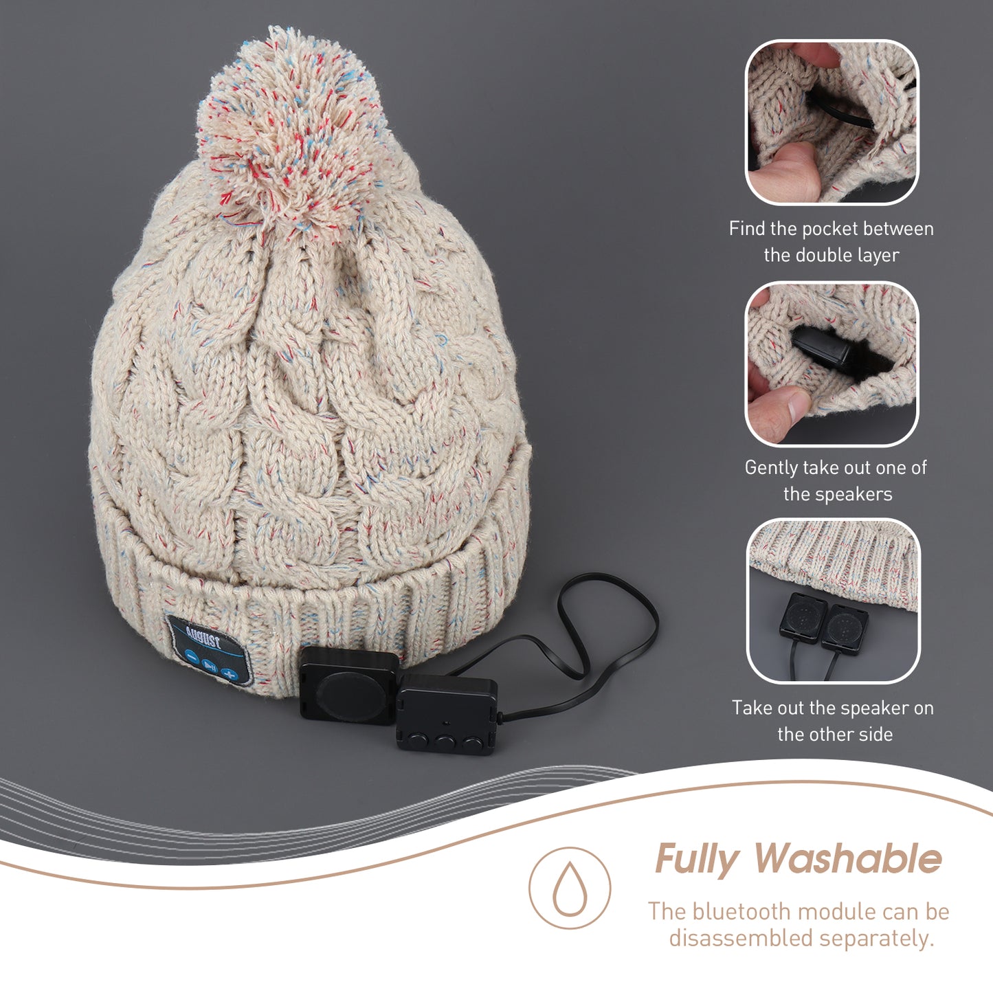 Bluetooth Beanie Pom Hat Headphones for Winter with Microphone - August EPA30