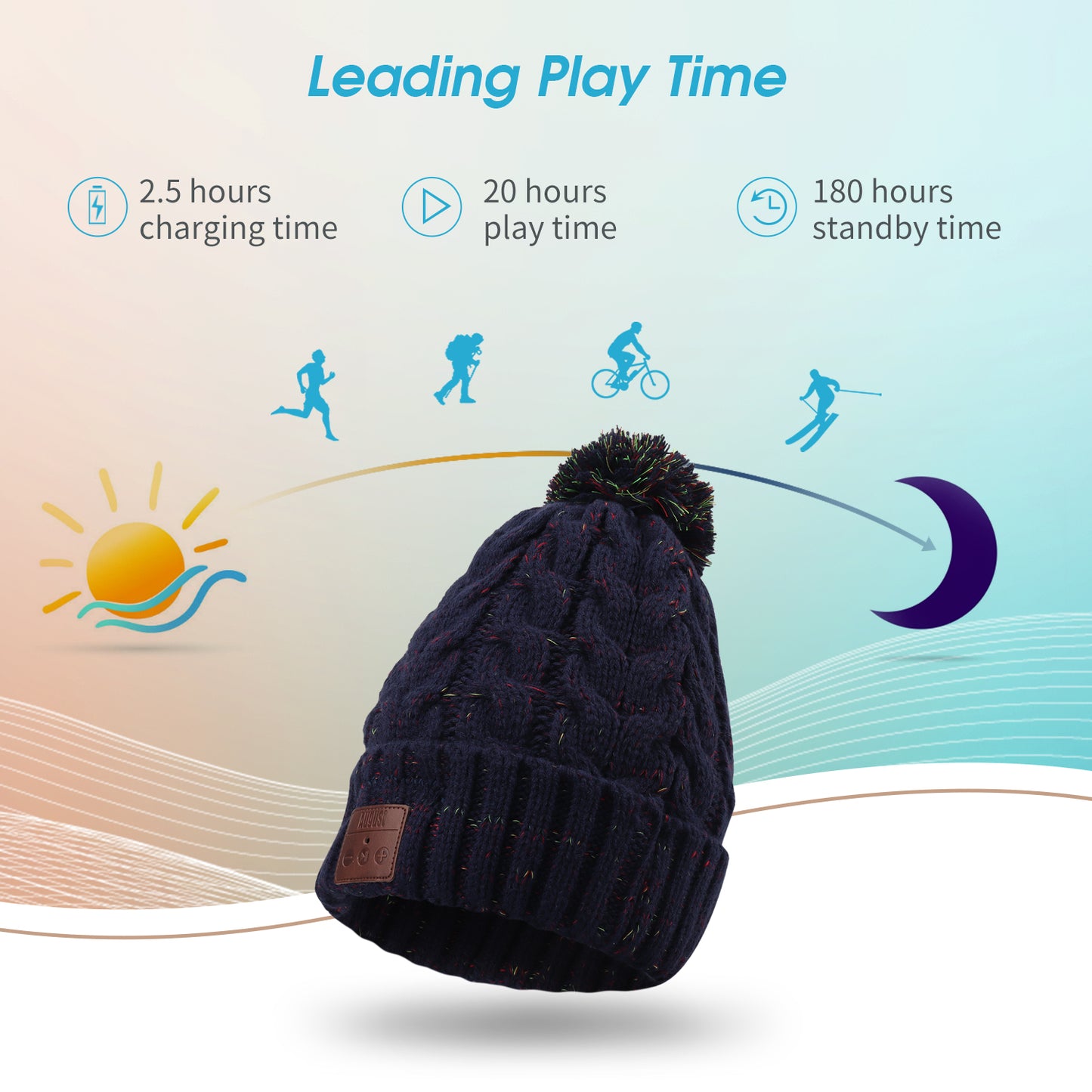 Bluetooth Pom Pom Winter Beanie Hat 20 Hour Synthetic Wool August EPA30