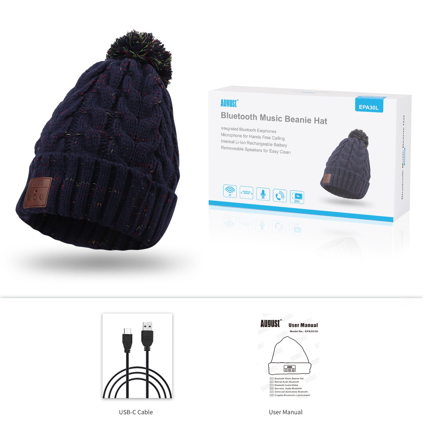 Bluetooth Pom Pom Winter Beanie Hat 20 Hour Synthetic Wool August EPA30