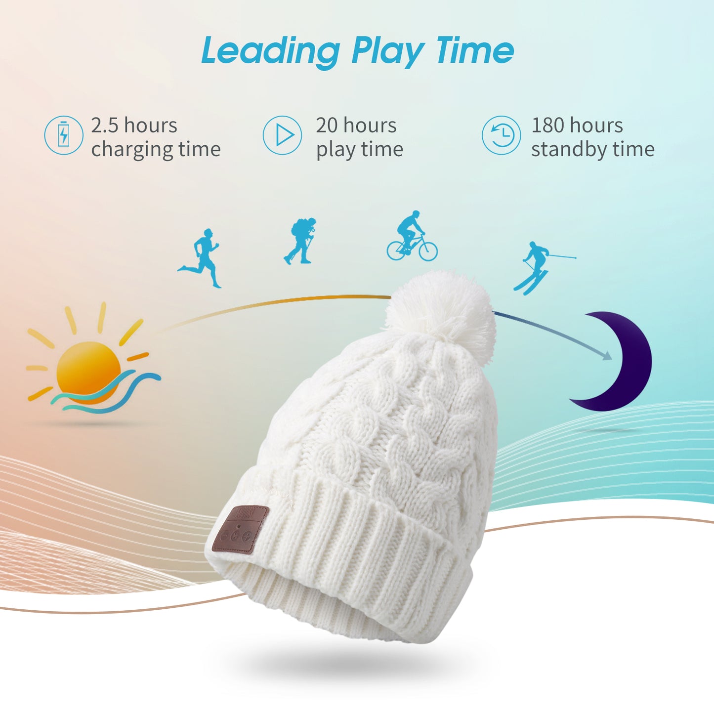 Bluetooth Pom Pom Winter Beanie Hat 20 Hour Synthetic Wool August EPA30