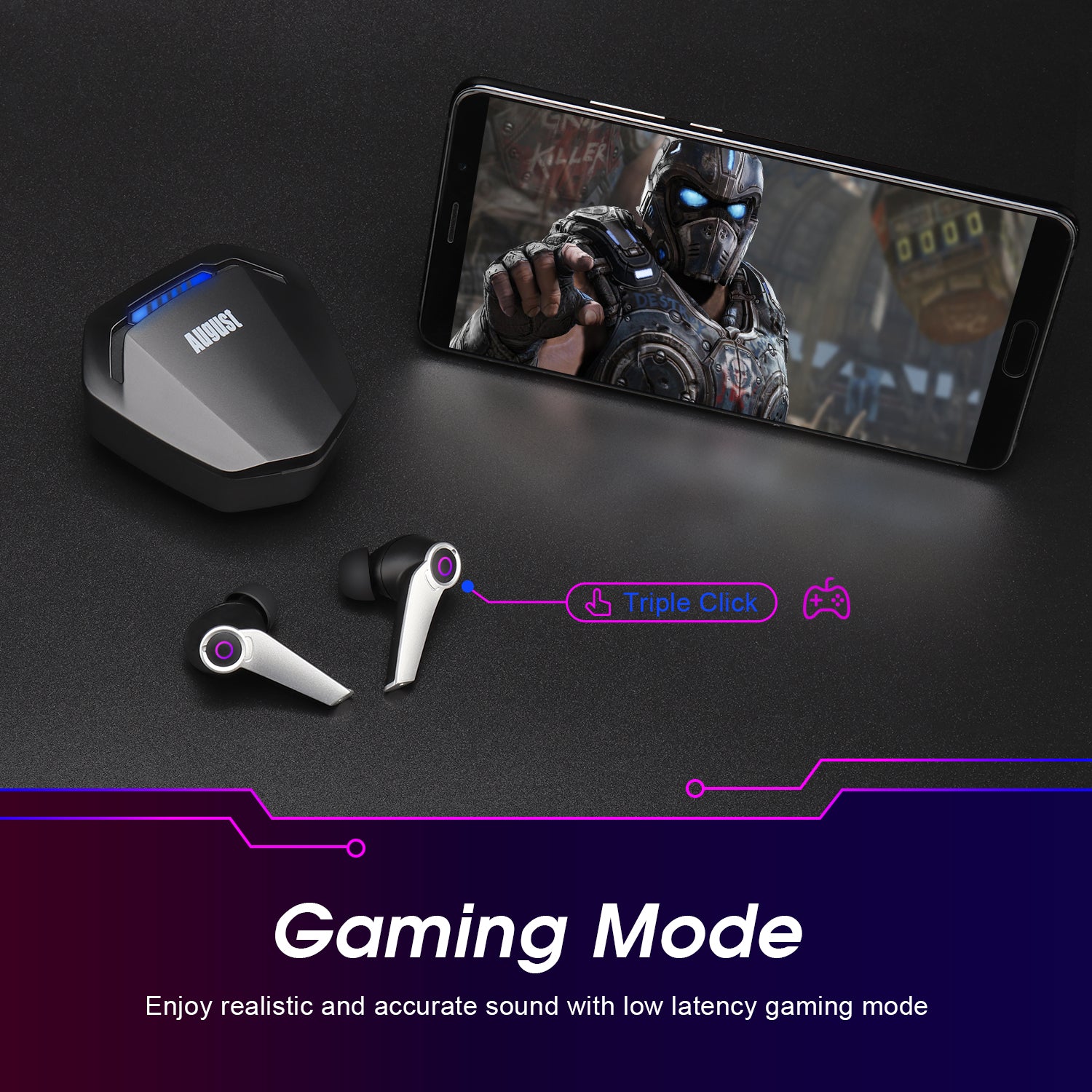 Bluetooth Gaming Earphones Dual Microphone USB-C Charging Case - August EPG500 [Refurbished: 6 Month Warranty]