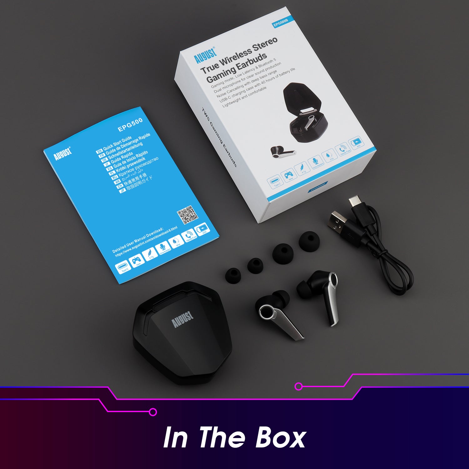 Bluetooth Gaming Earphones Dual Microphone USB-C Charging Case - August EPG500 [Refurbished: 6 Month Warranty]