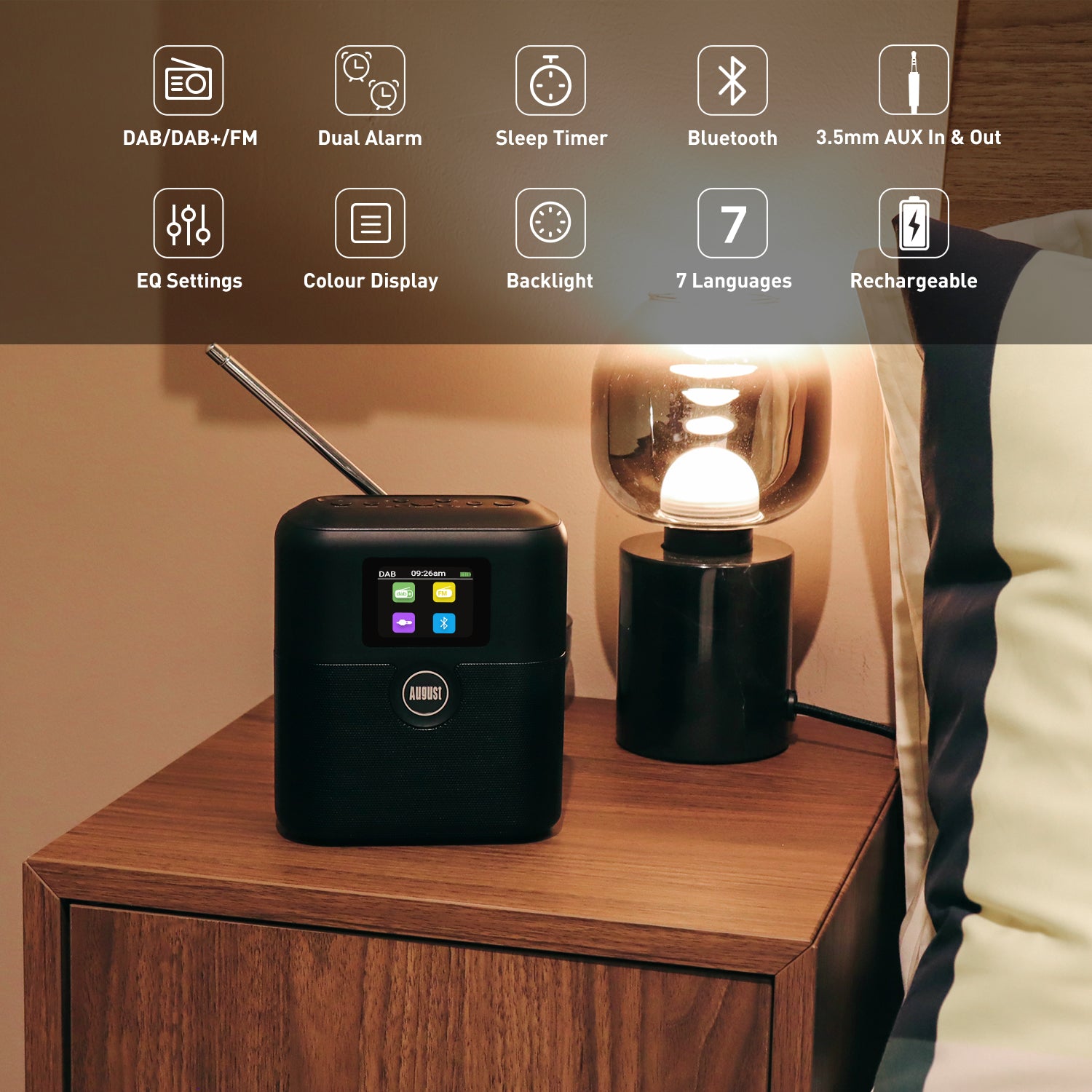 August MB330 Portable DAB Radio with Bluetooth - DAB/DAB+/FM Digital Radio, USB Rechargeable Dual Alarm Clock, 60 Presets, Sleep Timer, Aux In/Out, Colour Display, EQ, Kitchen Bedroom Outdoor Use