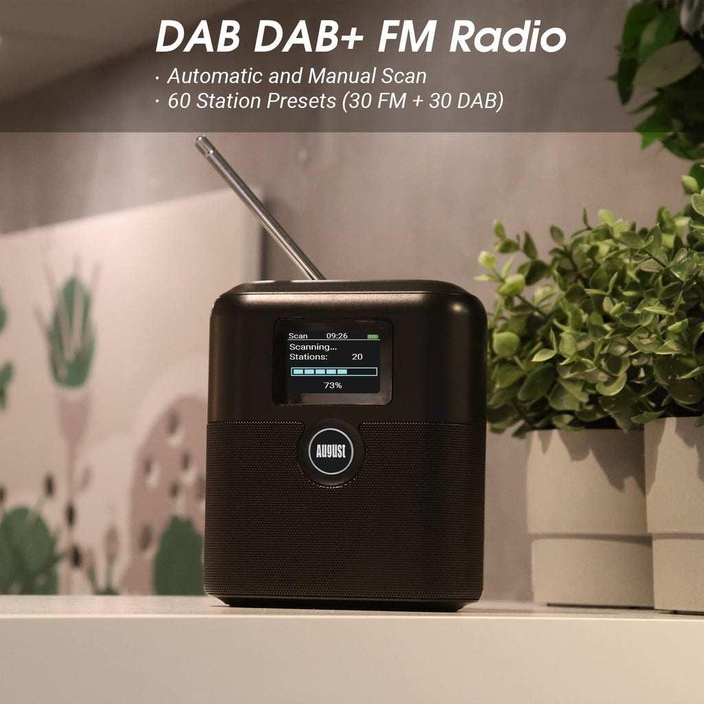 August MB330 Portable DAB Radio with Bluetooth - DAB/DAB+/FM Digital Radio, USB Rechargeable Dual Alarm Clock, 60 Presets, Sleep Timer, Aux In/Out, Colour Display, EQ, Kitchen Bedroom Outdoor Use