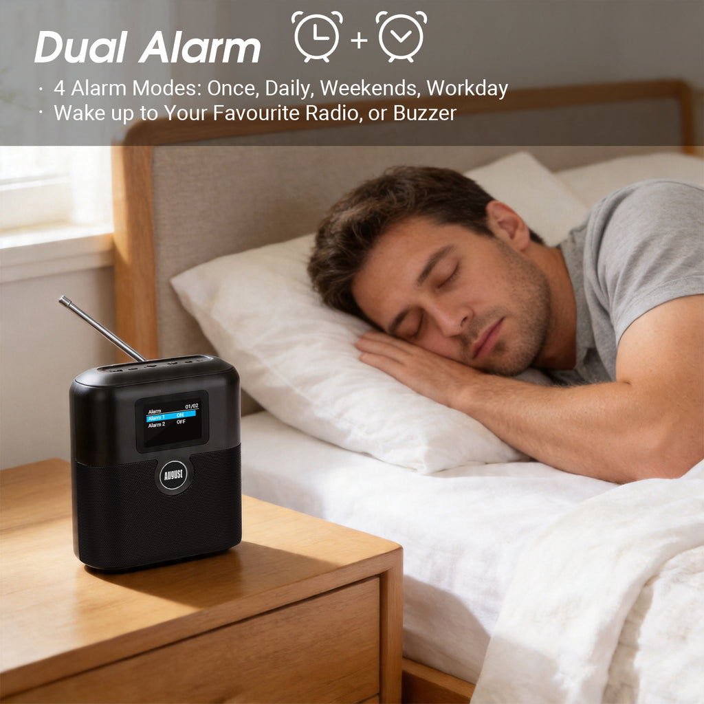 August MB330 Portable DAB Radio with Bluetooth - DAB/DAB+/FM Digital Radio, USB Rechargeable Dual Alarm Clock, 60 Presets, Sleep Timer, Aux In/Out, Colour Display, EQ, Kitchen Bedroom Outdoor Use