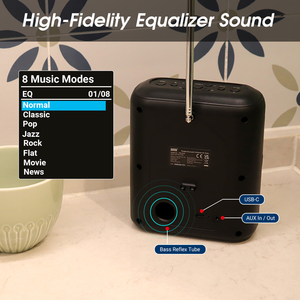 August MB330 Portable DAB Radio with Bluetooth - DAB/DAB+/FM Digital Radio, USB Rechargeable Dual Alarm Clock, 60 Presets, Sleep Timer, Aux In/Out, Colour Display, EQ, Kitchen Bedroom Outdoor Use