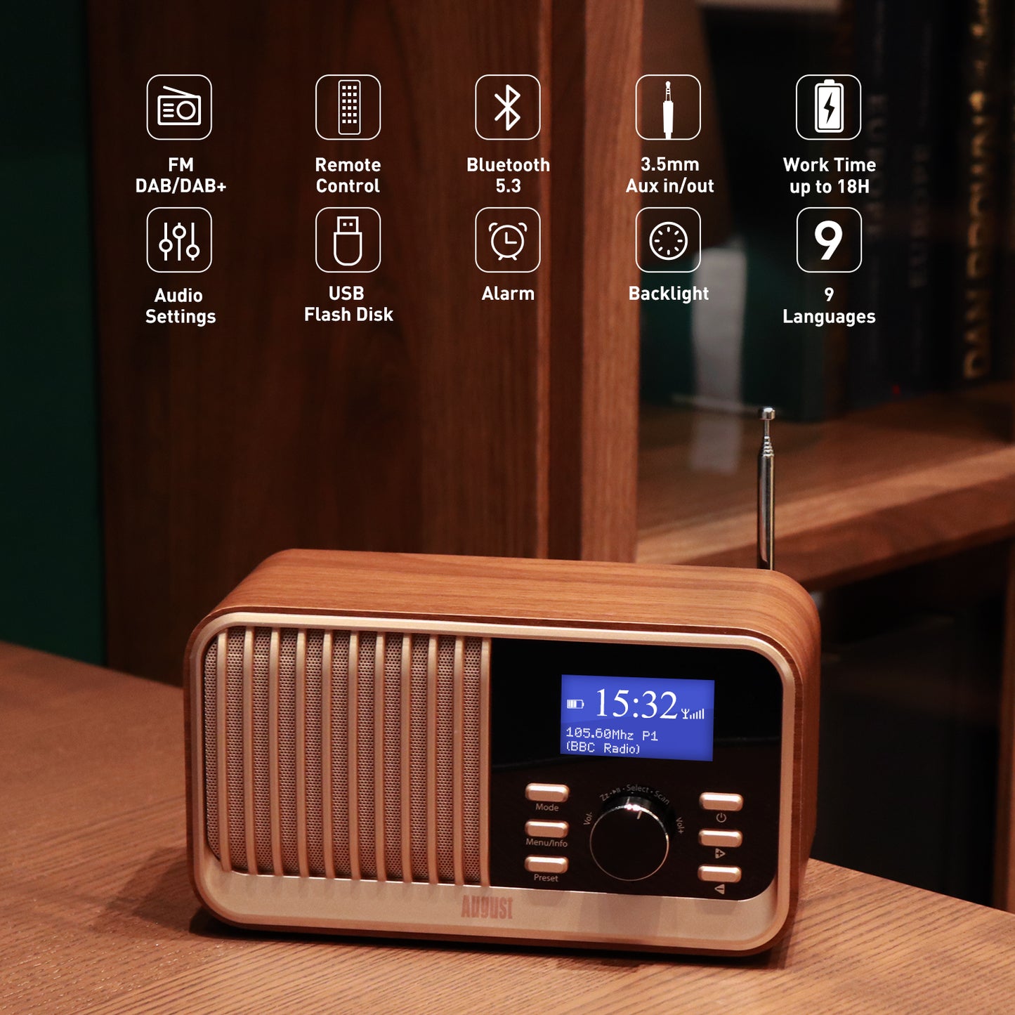 Retro Digital DAB+ FM Alarm Clock Radio, Bluetooth, USB, SD Audio - August MB450K