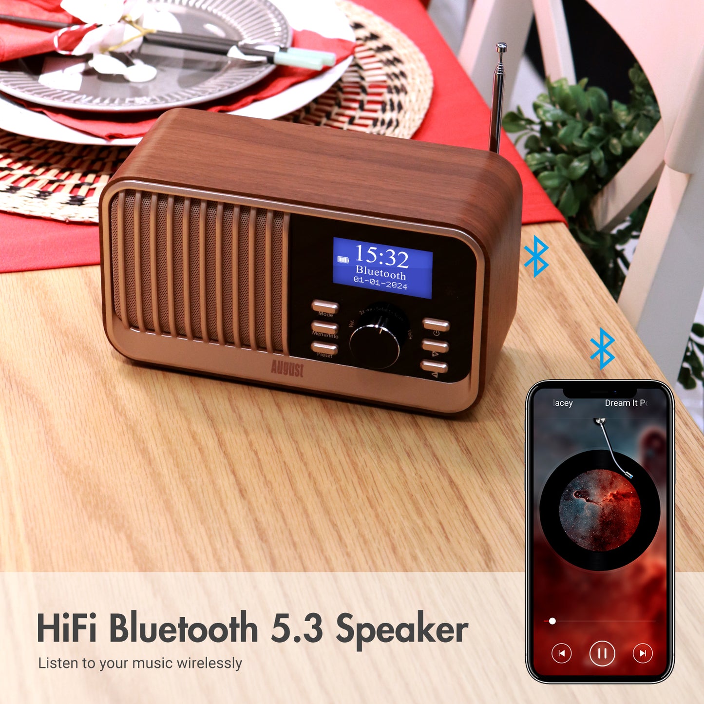 Retro Digital DAB+ FM Alarm Clock Radio, Bluetooth, USB, SD Audio - August MB450K